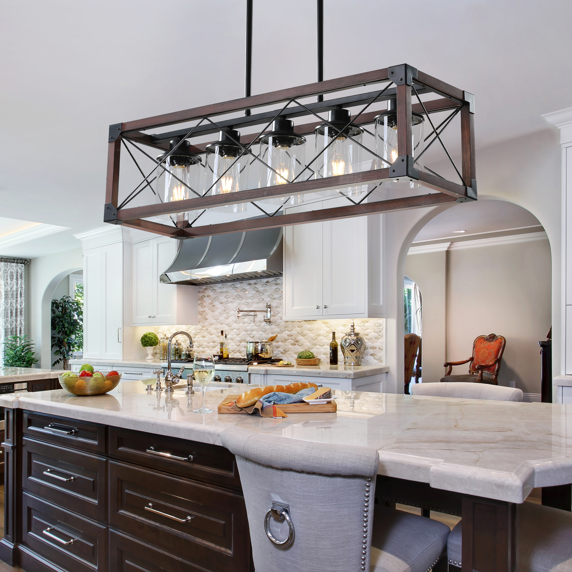 (Same as W1340P155971/L1011-RW-G) 32″ Red Wood Industrial Farmhouse Rectangle Pendant Light, 5-Light Chandelier with Lampshade for Dining Room, Kitchen Island, Cafe Decor (No Bulbs)