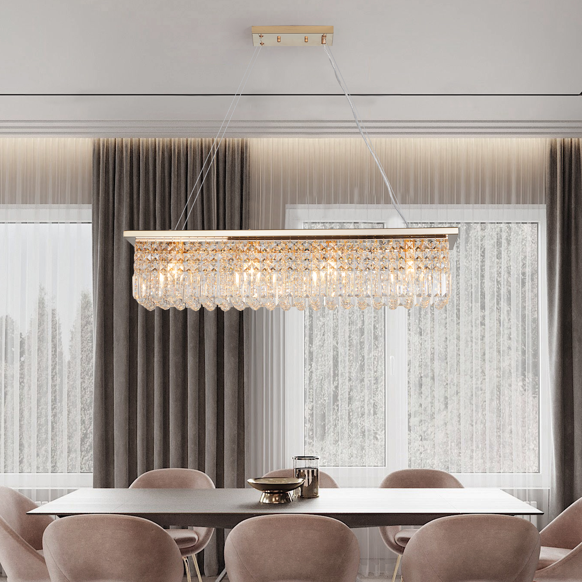 Modern Crystal Chandelier for Dining Room 8-Light Gold Rectangle Raindrop Chandelier Contemporary Rectangular Pendant Light Fixture for Kitchen Island Bar L39.4” x W9.8” x H8.7′(Bulb Not Included)