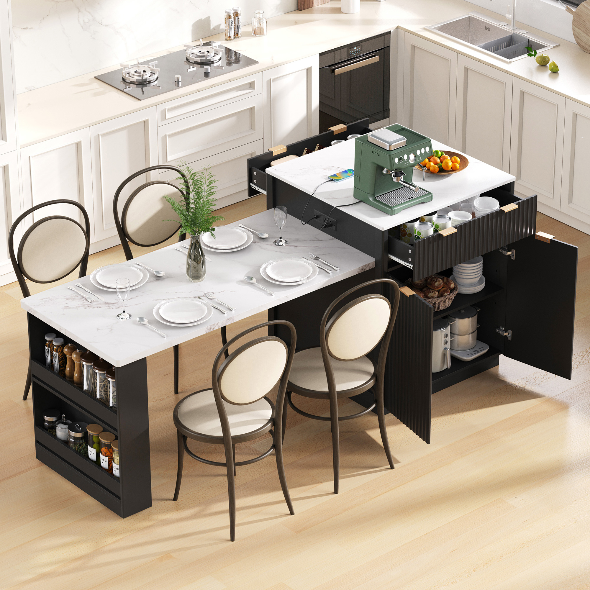 K&K 82.6″ Fluted Kitchen Island with Extendable Dining Table for 4-6, Island Table for Kitchen with Power Outlet, Kitchen Table with Double-Side Storage, 2 Drawers 2 Side Open Shelves, Black