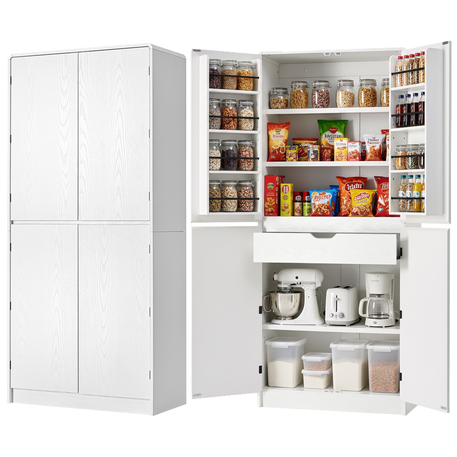 K&K 72″ Tall Farmhouse Kitchen Pantry Cabinet with 8 Door Shelves, Curved Design Storage Cabinet with 3 Adjustable Shelves, Hidden Drawer, Versatile Cupboard for Kitchen, Dining & Bathroom, White