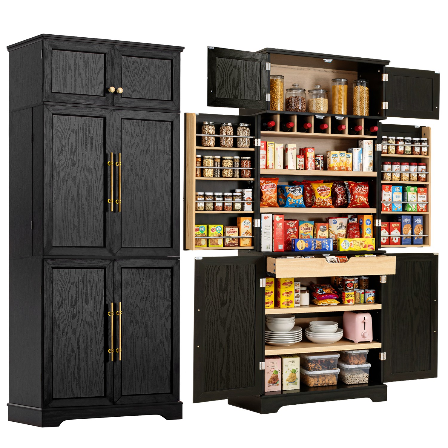 K&K 78.2″ Tall Farmhouse Kitchen Pantry Cabinet with 8 Door Shelves, Storage Cabinet with 4 Adjustable Shelves, Hidden Drawer, Wine Rack, Versatile Cupboard for Kitchen, Dining & Bathroom, Ash Black