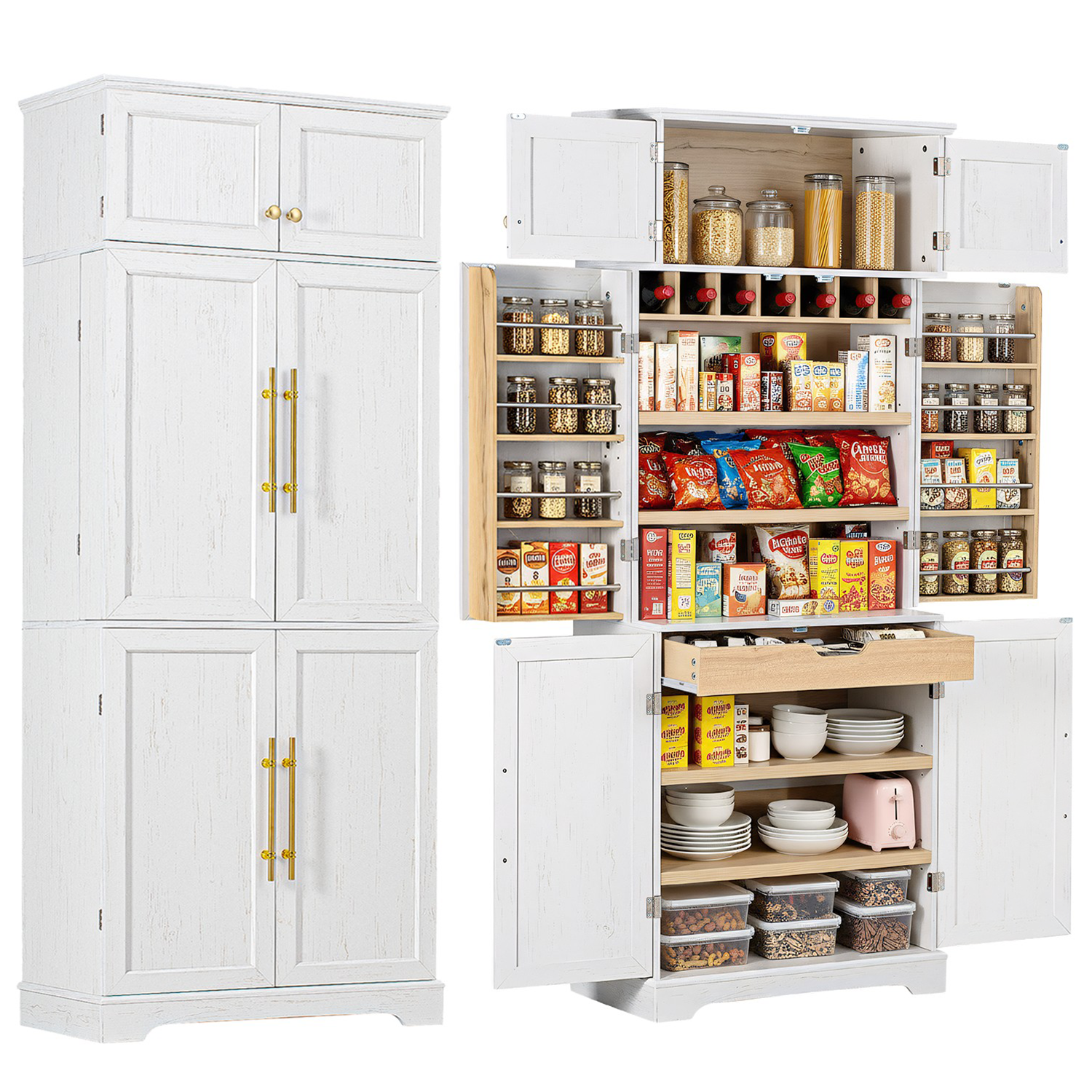K&K 78.2″ Tall Farmhouse Kitchen Pantry Cabinet with 8 Door Shelves, Storage Cabinet with 4 Adjustable Shelves, Hidden Drawer, Wine Rack, Versatile Cupboard for Kitchen, Dining & Bathroom, Retro White
