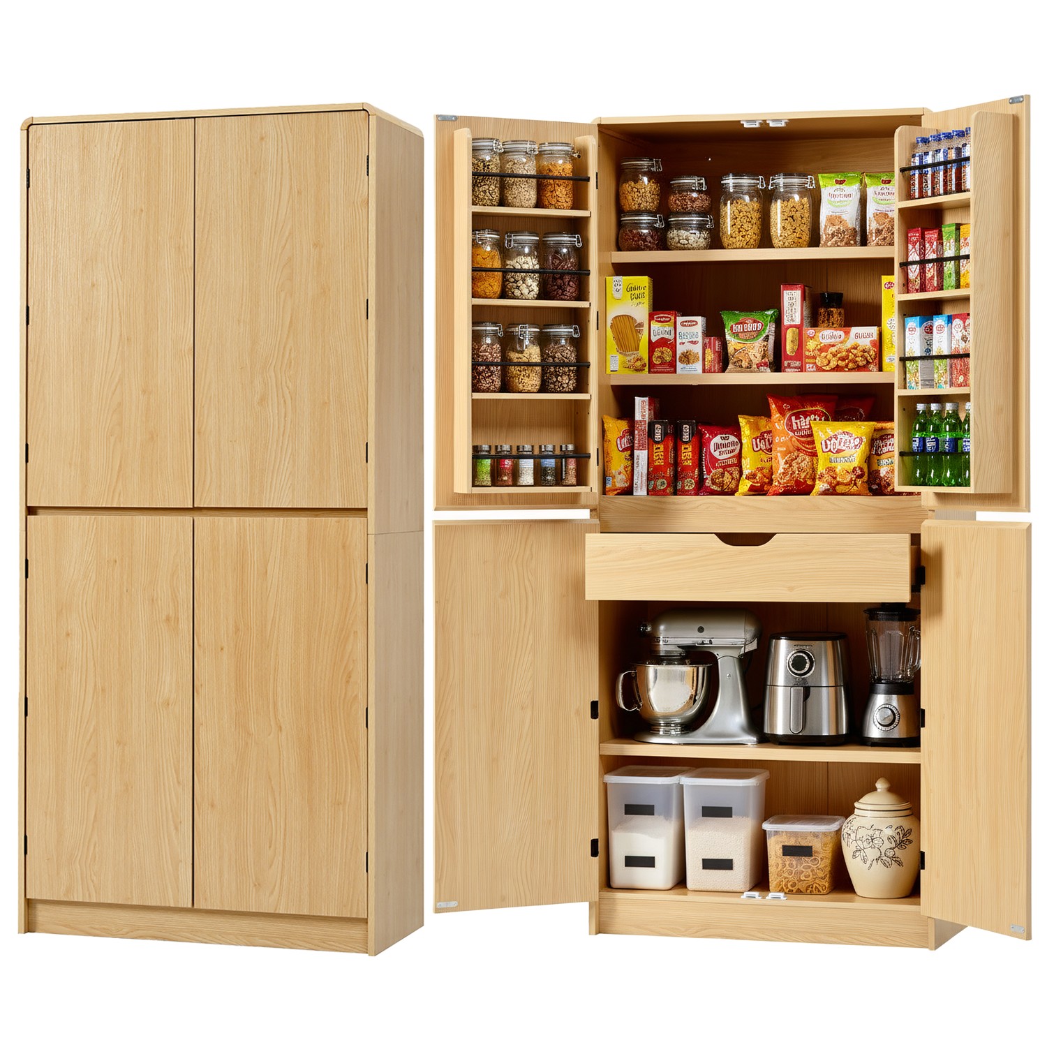 K&K 72″ Tall Farmhouse Kitchen Pantry Cabinet with 8 Door Shelves, Curved Design Storage Cabinet with 3 Adjustable Shelves, Hidden Drawer, Versatile Cupboard for Kitchen, Dining & Bathroom, Natural
