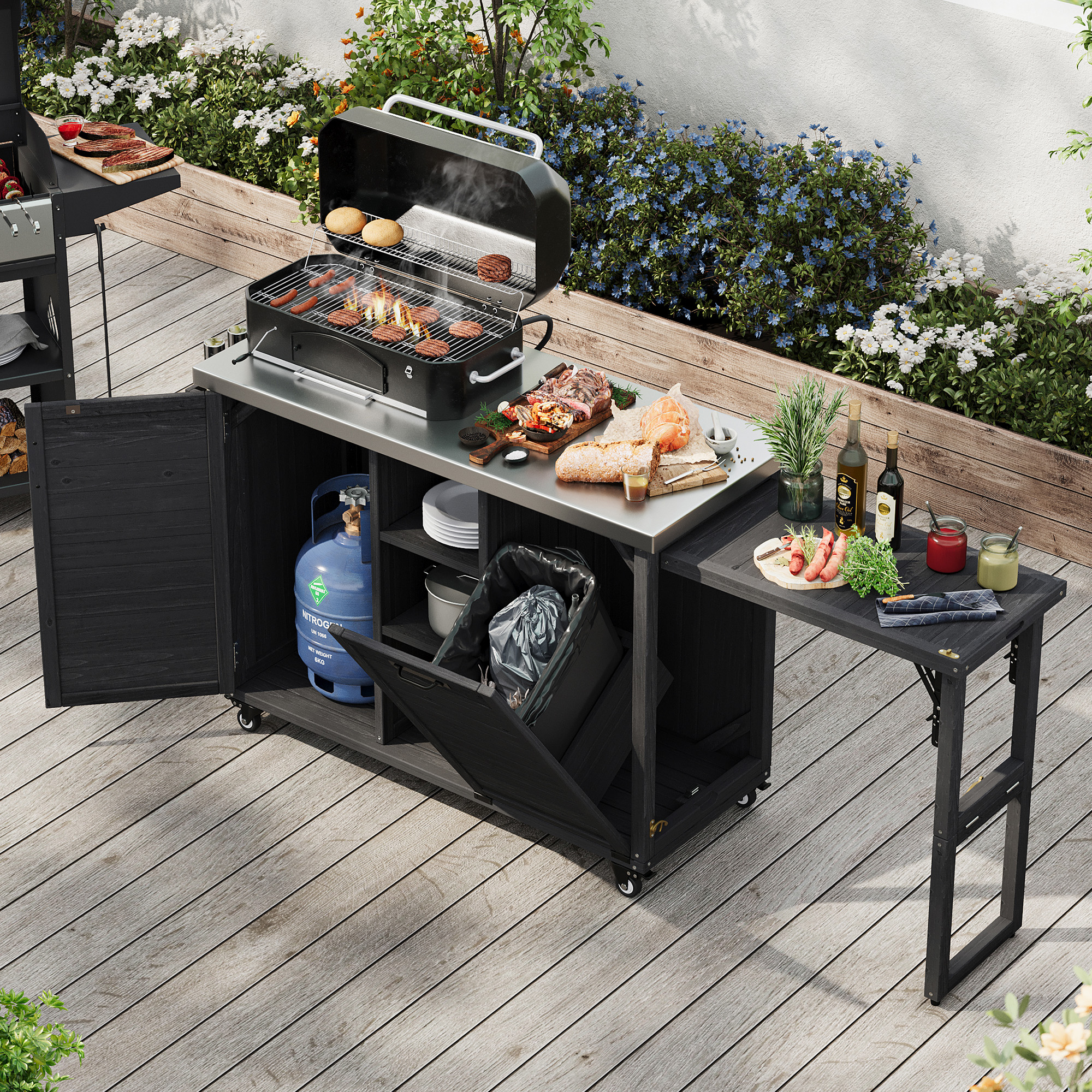 K&K 78.3″ Outdoor Kitchen Island with Foldable Grill Table, Wooden Outdoor Grill Cart with Trash Can Storage & Stainless Steel Top, Outdoor Bar Cart, Pizza Oven Table for Lawn & Garden, Black