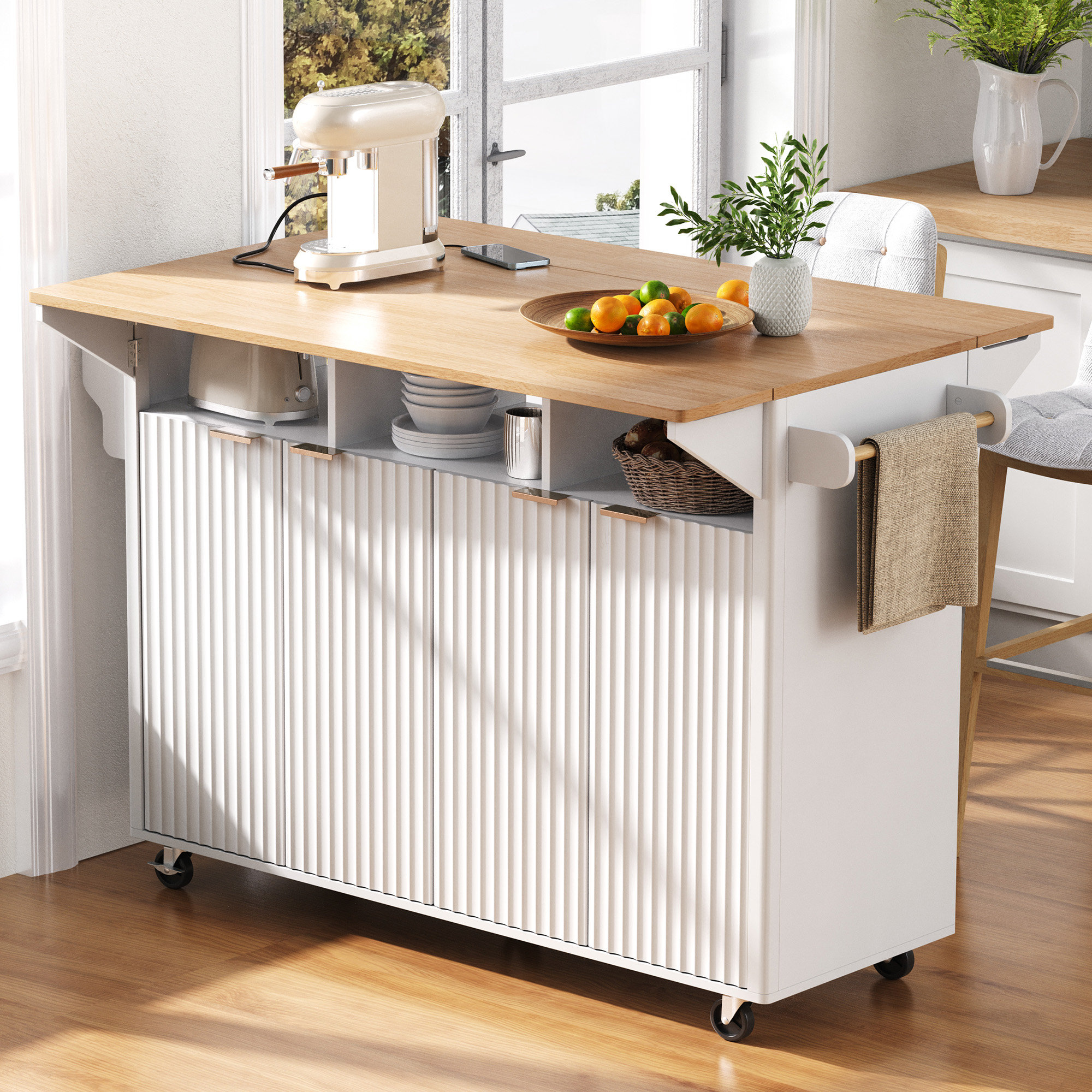 K&K 55.5″ Fluted Kitchen Island with 2 Drop Leaf, Kitchen Storage Cart with Power Outlet, 4 Doors, Spice rack, Rolling Island Table with Wood-grain Top, Curved Edge for Kitchen, Dining Room,White