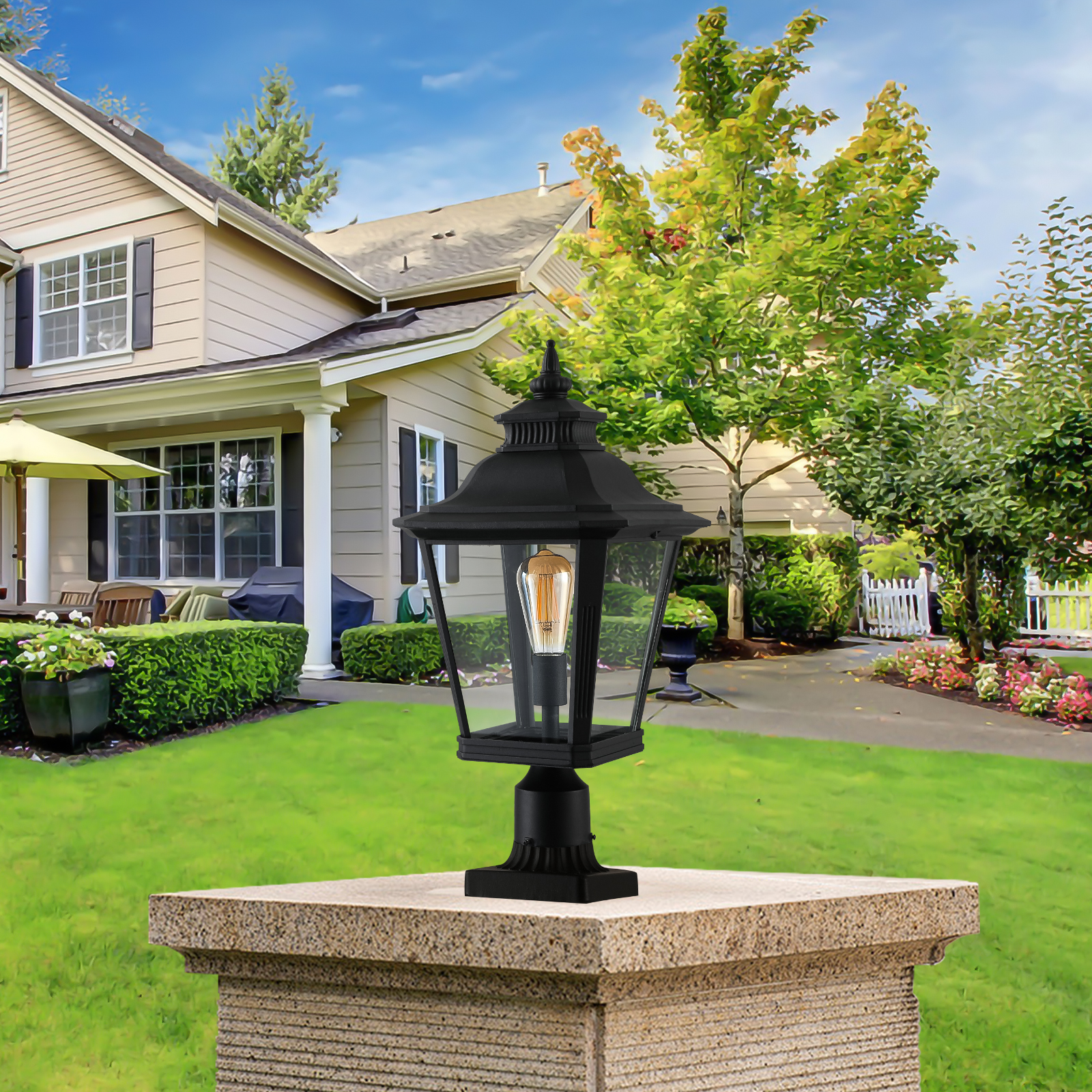 21″(H) 1-Pack Outdoor Post Lantern Light – Vintage Black Metal & Clear Glass Pillar Lamp for Garden, Gate, Driveway, and Pathway Lighting with Elegant Design (Bulb Not Included)