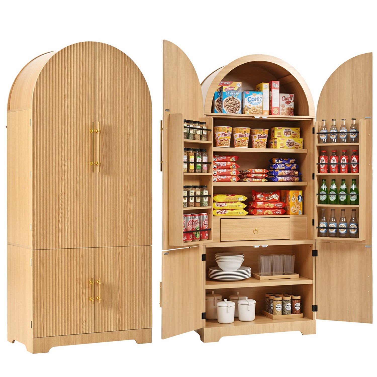 K&K 72″ Tall Arched Kitchen Pantry Cabinet with 8 Door Shelves, Fluted Storage Cabinets with 3 Adjustable Shelves, Hidden Drawer, Versatile Cupboard for Kitchen, Dining & Bath Room, Natural