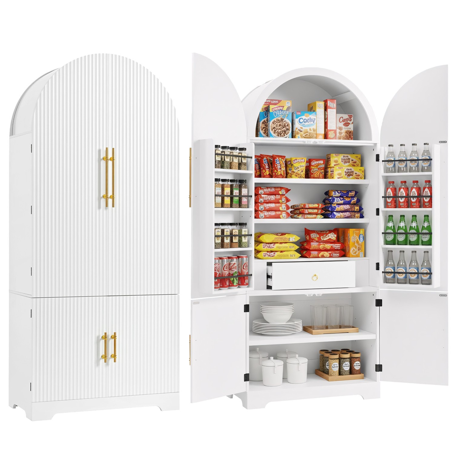 K&K 72″ Tall Arched Kitchen Pantry Cabinet with 8 Door Shelves, Fluted Storage Cabinets with 3 Adjustable Shelves, Hidden Drawer, Versatile Cupboard for Kitchen, Dining & Bath Room, White