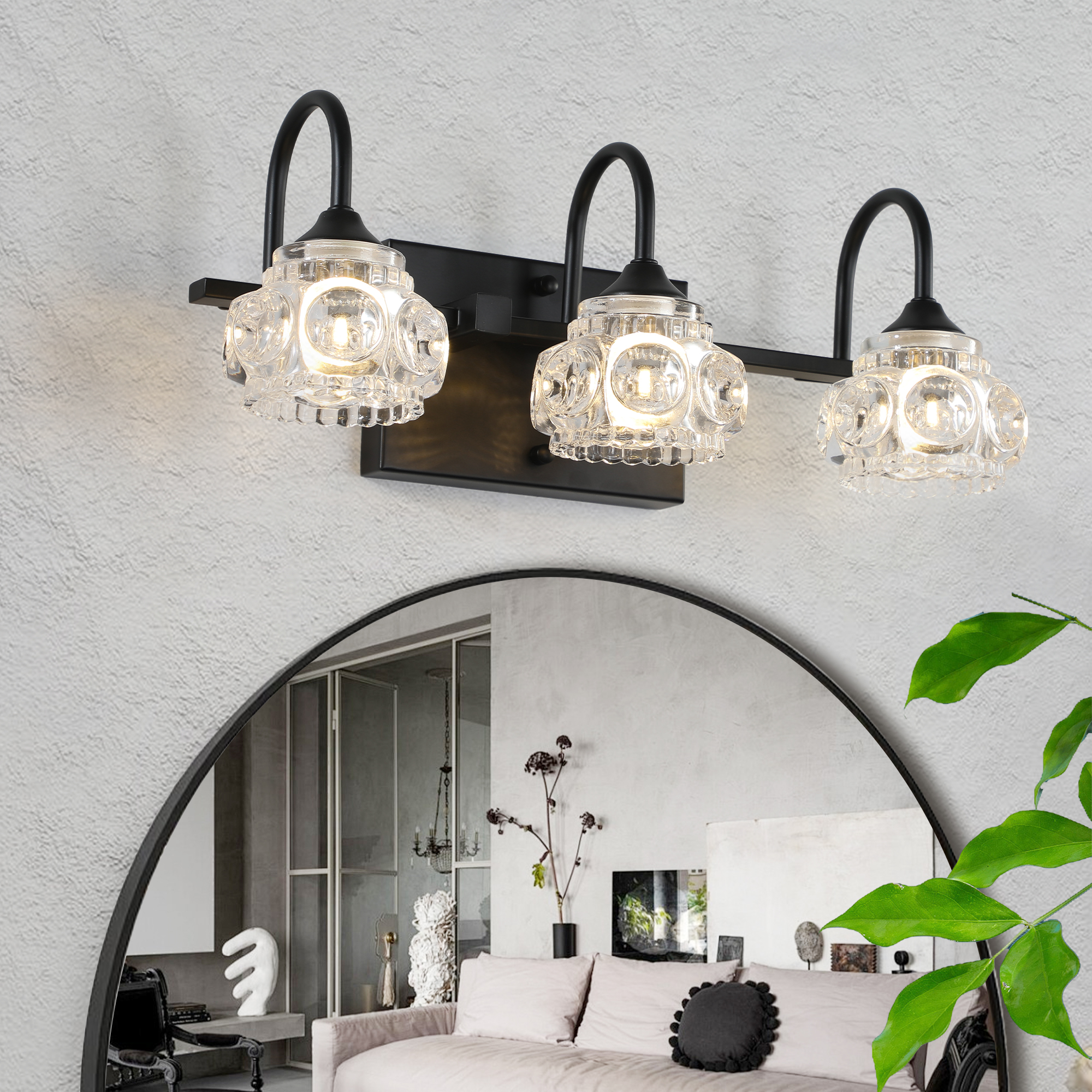 17″ Retro 3-Light Bathroom Vanity Light Fixture – Black Finish with Crystal Glass Shades, Wall Mounted Lighting for Bathroom, Powder Room, and Vanity Mirror (No Bulbs)