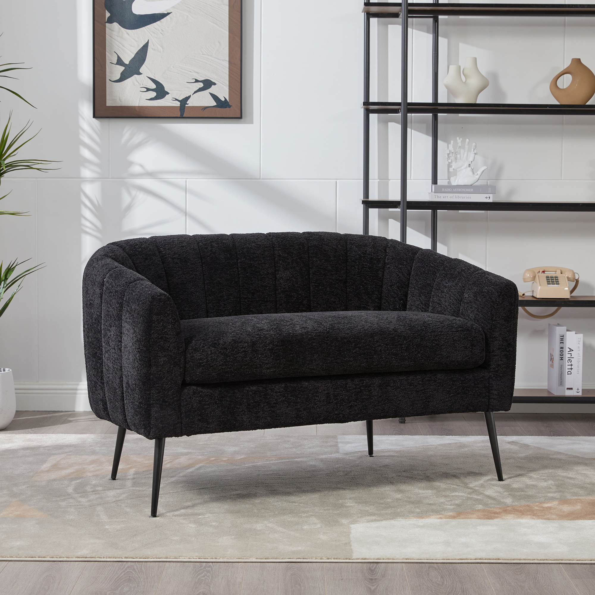 50.2” Wide Upholstered Chenille Mini Loveseat Accent Couch, Modern Glam Small Settee with Metal Legs, Channel Tufted 2-Seater Sofa for Living Rooms Bedrooms Dorm Studio Office Small Spaces, Black