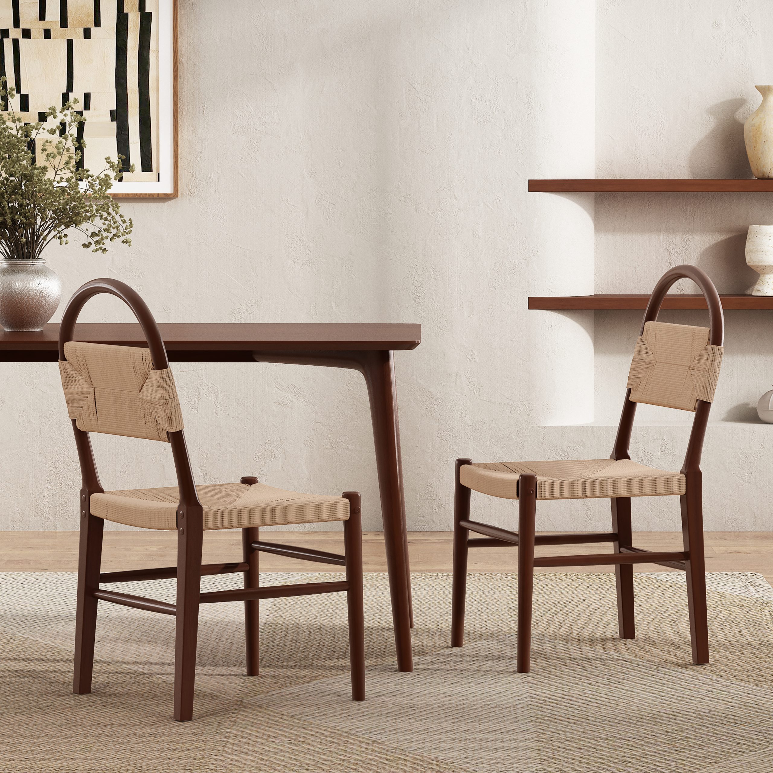 Modern woven dining chair,kitchen chair with solid wood legs, Armless Side Chair for Home Bar/Restaurant and Dining Room,Walnut,Set of 2