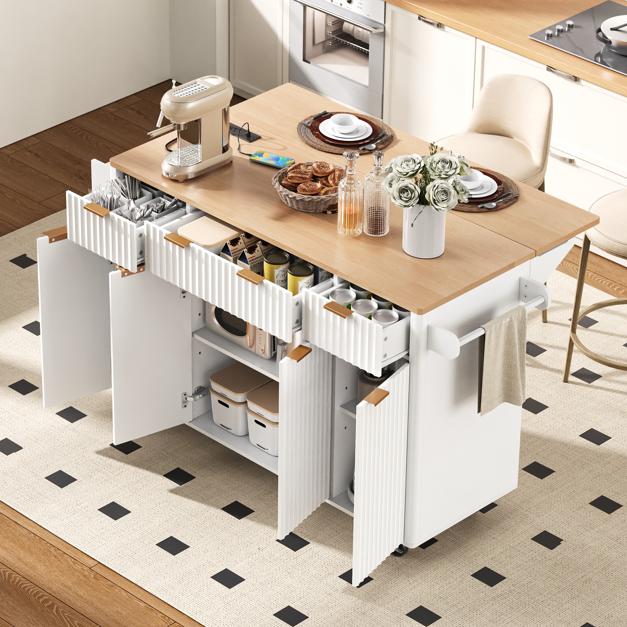 K&K Fluted Kitchen Island with Storage, 55.5″ Kitchen Island with Drop Leaf, Power Outlet, 4 Doors and 3 Drawers, Rolling Island Table with Wood-grain Top, Curved Edge for Kitchen,Dining Room White