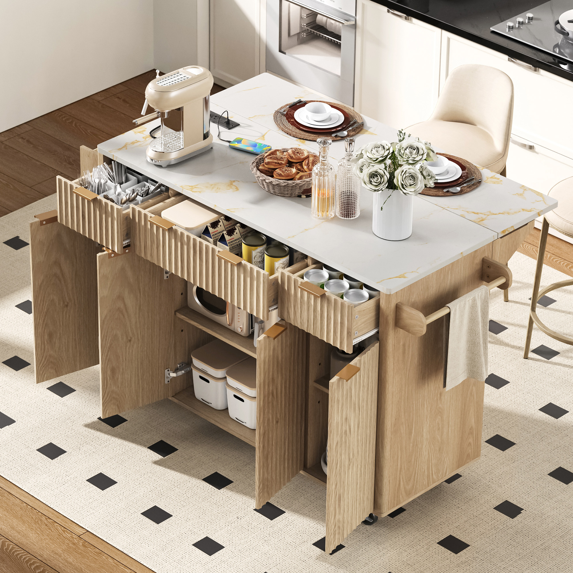 K&K Fluted Kitchen Island with Storage, 55.5″ Kitchen Island with Drop Leaf, Power Outlet, 4 Doors and 3 Drawers, Rolling Island Table with Faux Marble Top, Curved Edge for Kitchen,Dining Room Natural