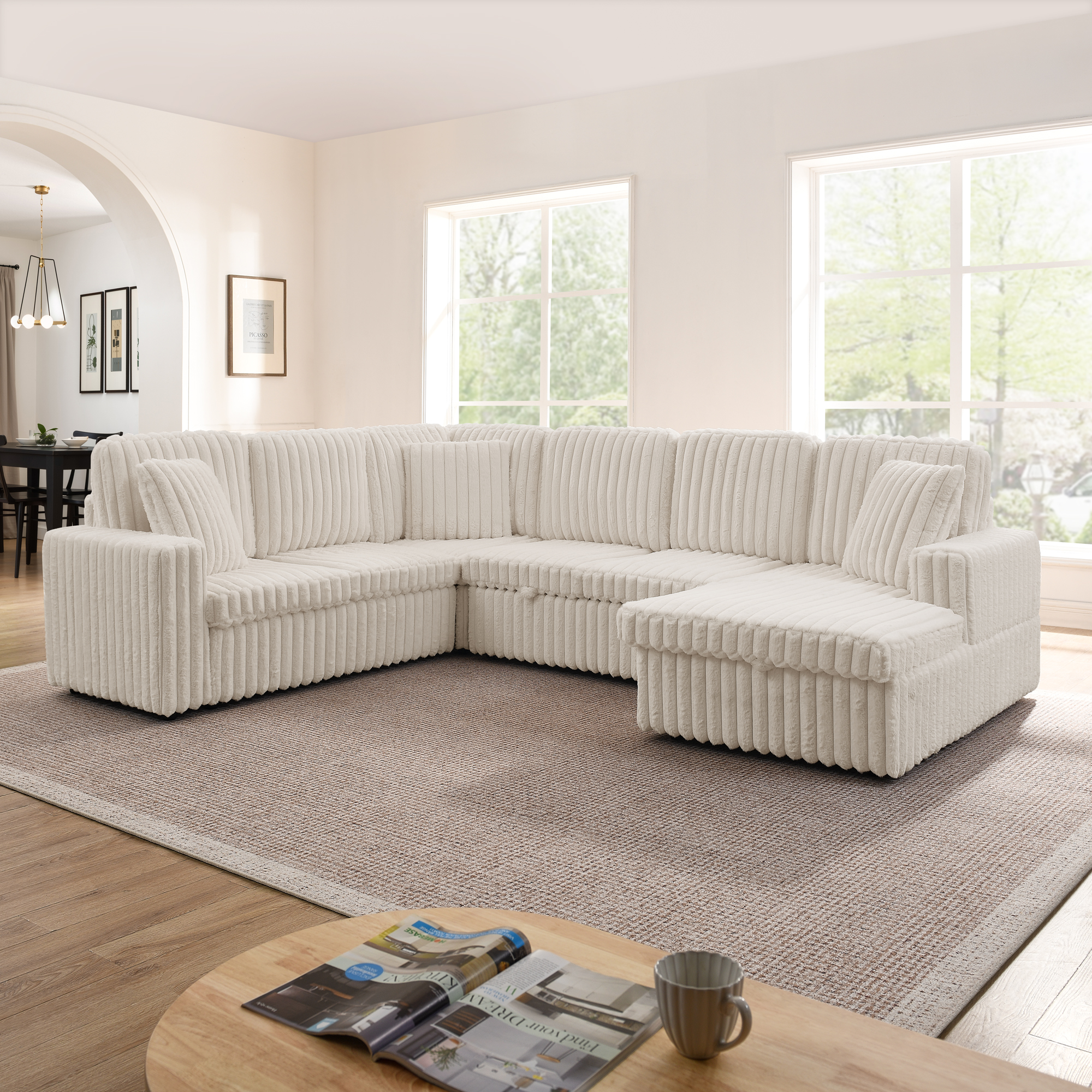 Corduroy Striped Upholstered Sofa, Modern Minimalist U-shaped combination sofa, Pull – out Bed & Storage Chaise, Seat Soft Couch – Beige(Assembly is required)