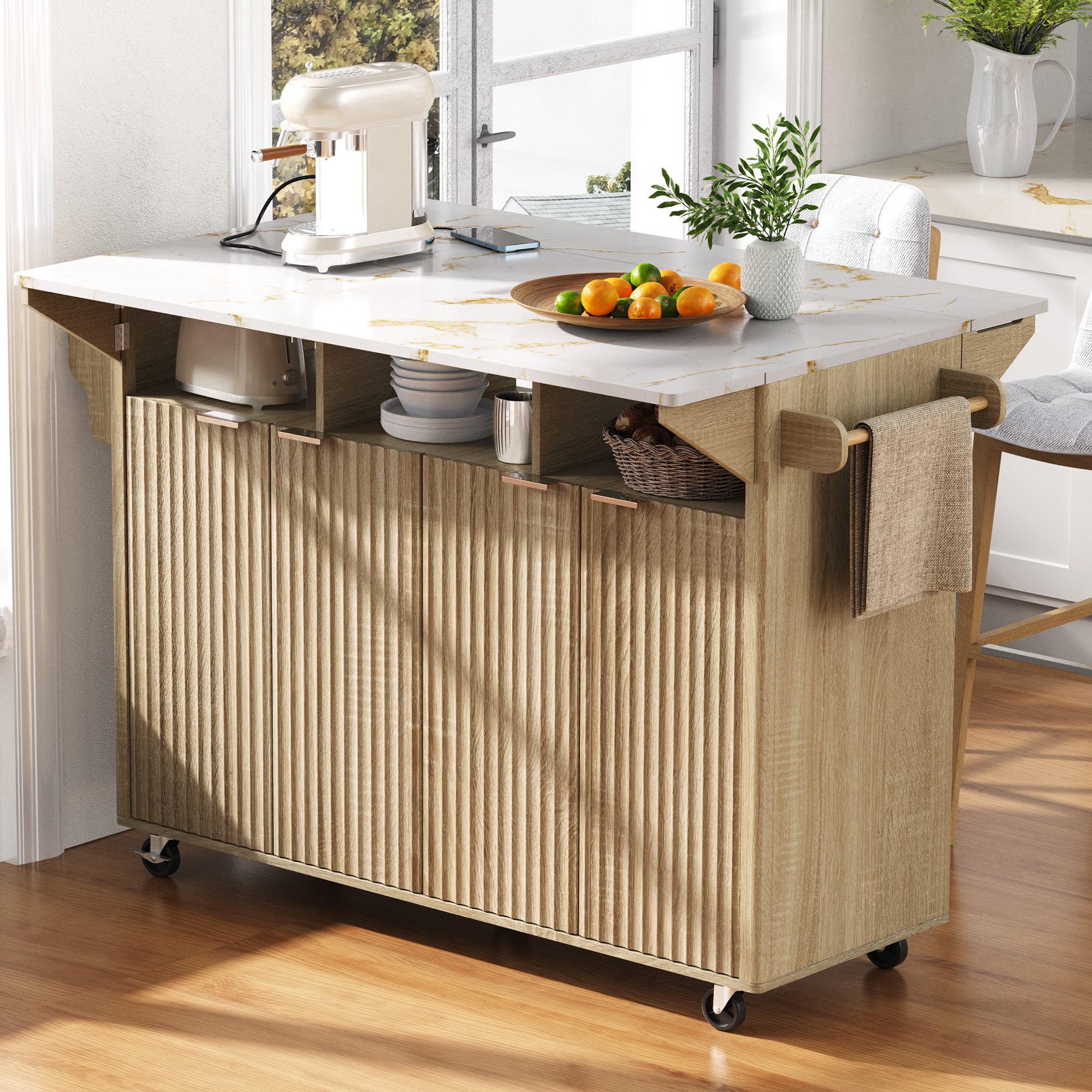 K&K 55.5″ Fluted Kitchen Island with 2 Drop Leaf, Kitchen Storage Cart with Power Outlet, 4 Doors, Spice rack, Rolling Island Table with Faux Marble Top, Curved Edge for Kitchen, Dining Room,Natural
