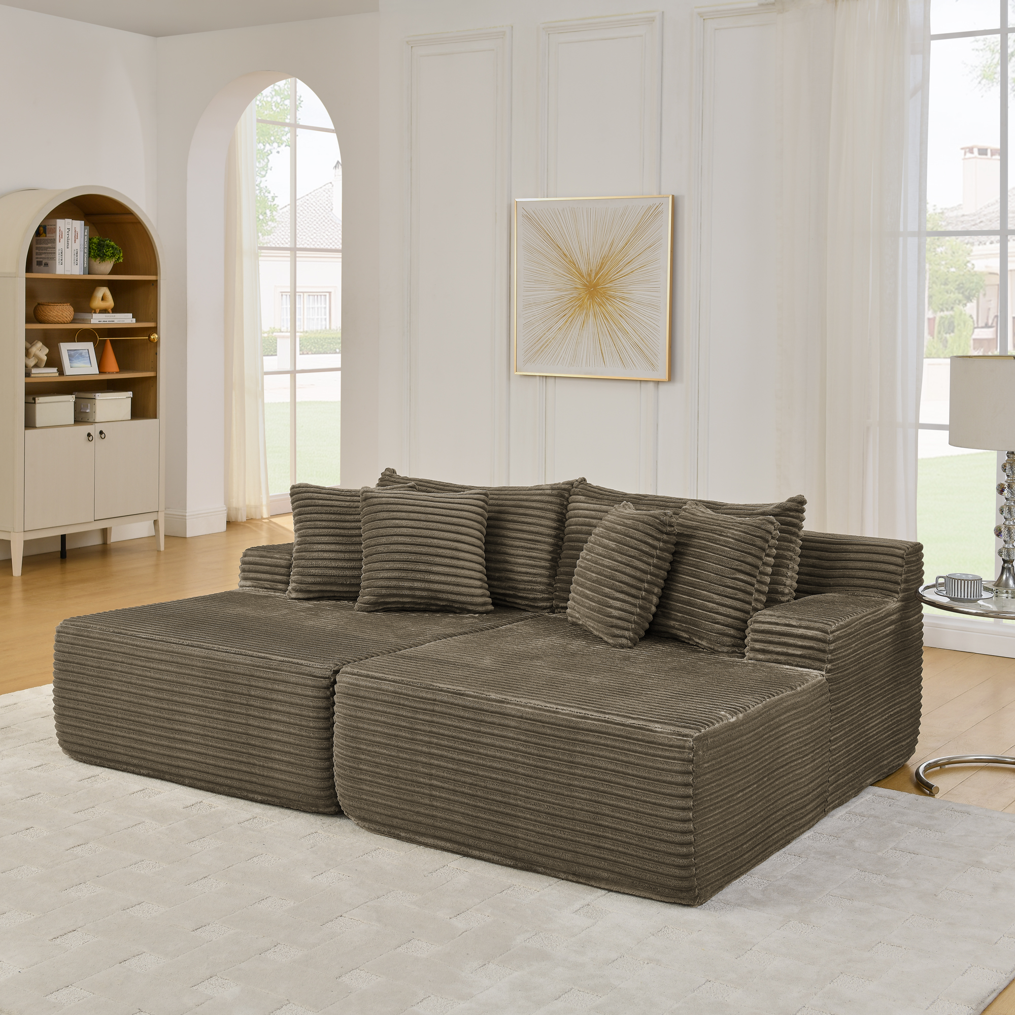 Two-seater lazy sofa lounge chair,Compressed sofa no assembly required, made of velvet fabric, fluffy modern lounge chair, used for indoor living rooms and bedrooms-Brown