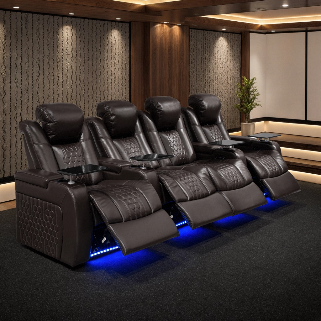 124.4″Power Recliner 4 PC Made WithTop-Grain Nappa,Fully Adjustable Relaxation,Smart Charging,Dynamic RGB LED Lighting,COFFEE
