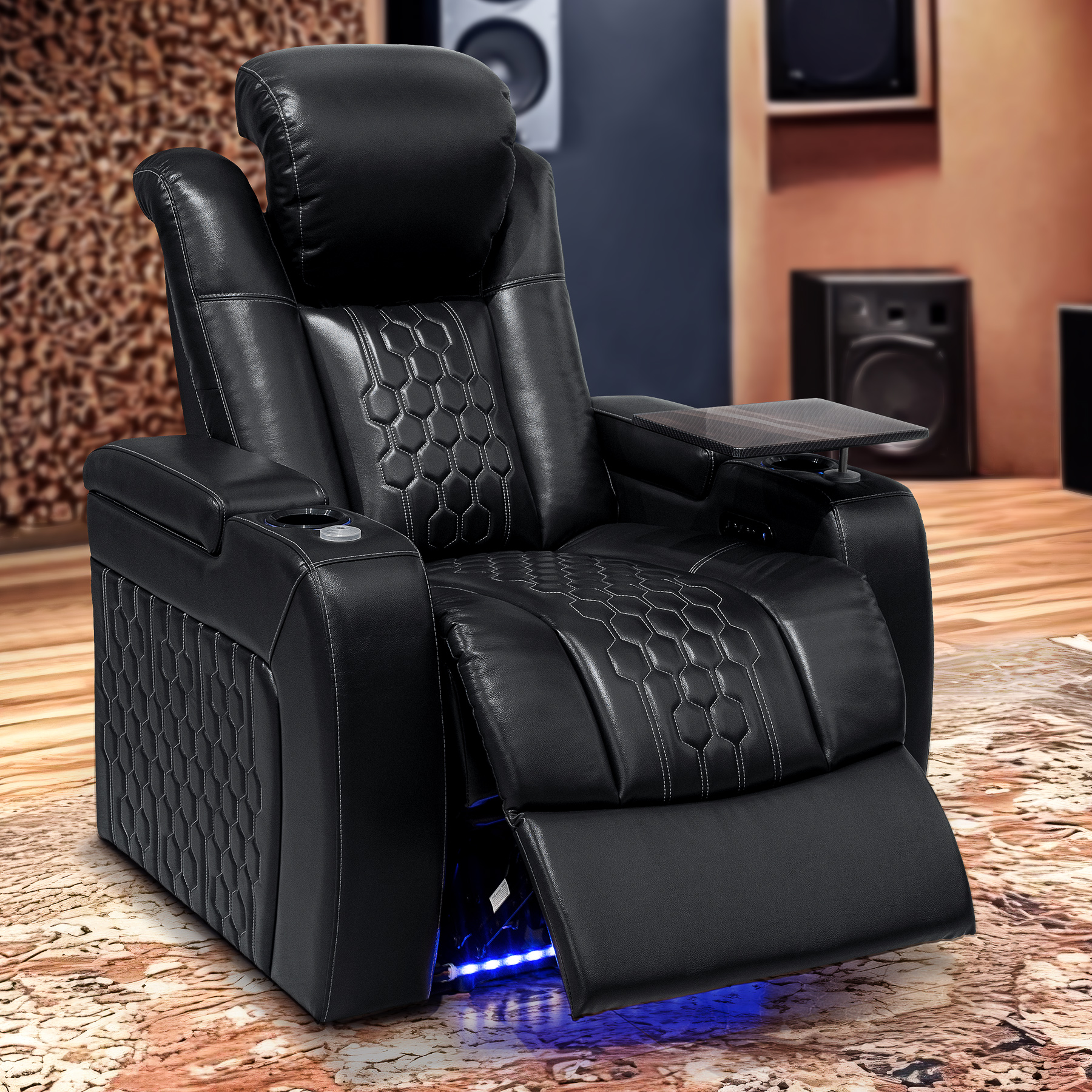 37.8″Power Recliner 1 PC Made WithTop-Grain Nappa,Fully Adjustable Relaxation,Smart Charging,Dynamic RGB LED Lighting,BLACK