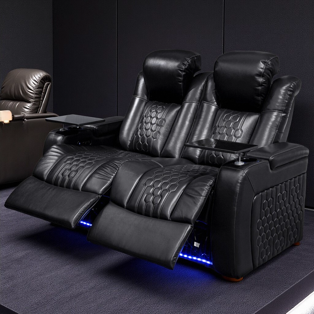 62.2″Power Recliner 2 PC Made WithTop-Grain Nappa,Fully Adjustable Relaxation,Smart Charging,Dynamic RGB LED Lighting,BLACK