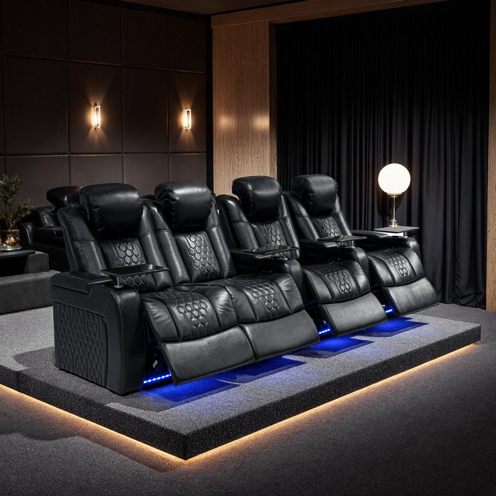 124.4″Power Recliner 4 PC Made WithTop-Grain Nappa,Fully Adjustable Relaxation,Smart Charging,Dynamic RGB LED Lighting,BLACK