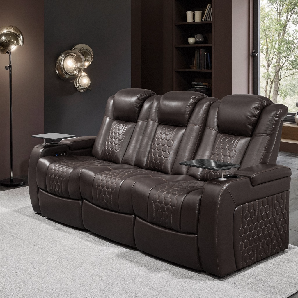 86.6″Power Recliner 3 PC Made WithTop-Grain Nappa,Fully Adjustable Relaxation,Smart Charging,Dynamic RGB LED Lighting,COFFEE
