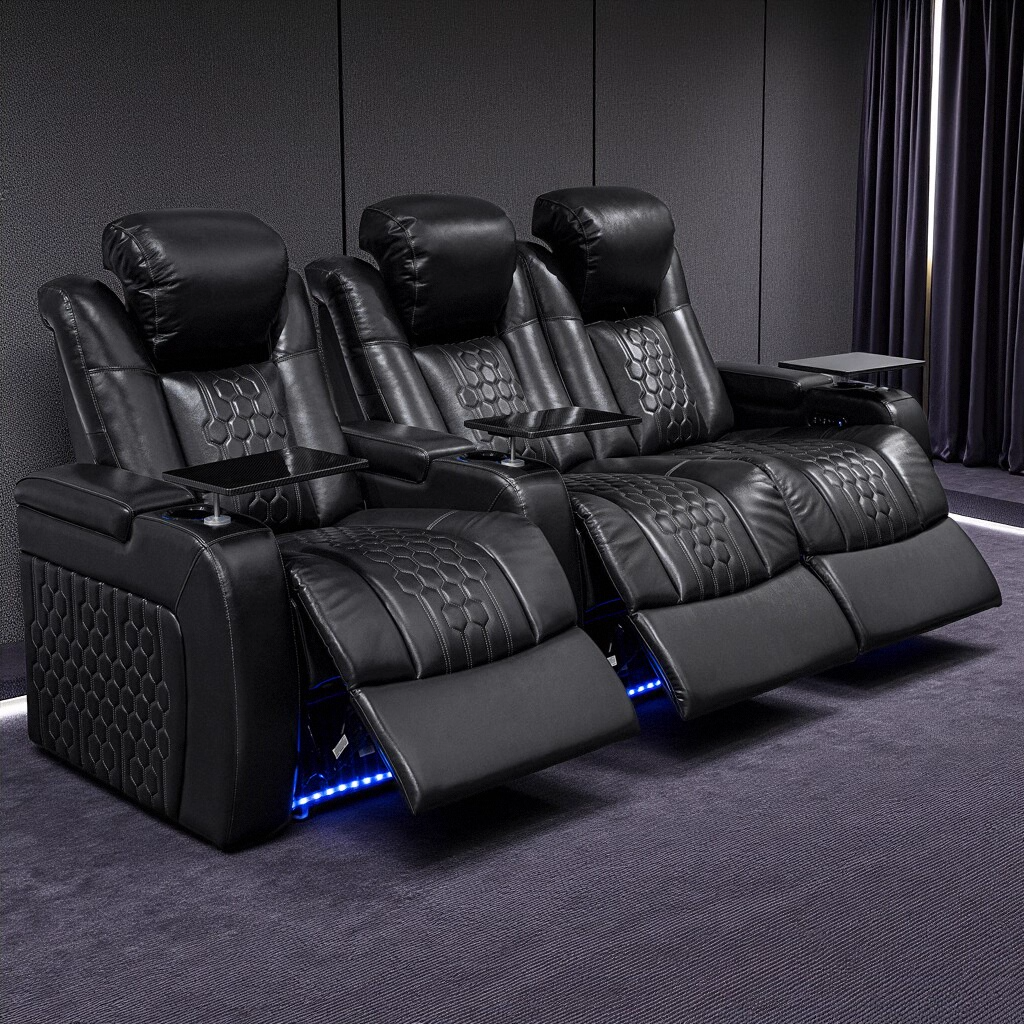 93.3″Power Recliner 3 PC Made WithTop-Grain Nappa,Fully Adjustable Relaxation,Smart Charging,Dynamic RGB LED Lighting,BLACK
