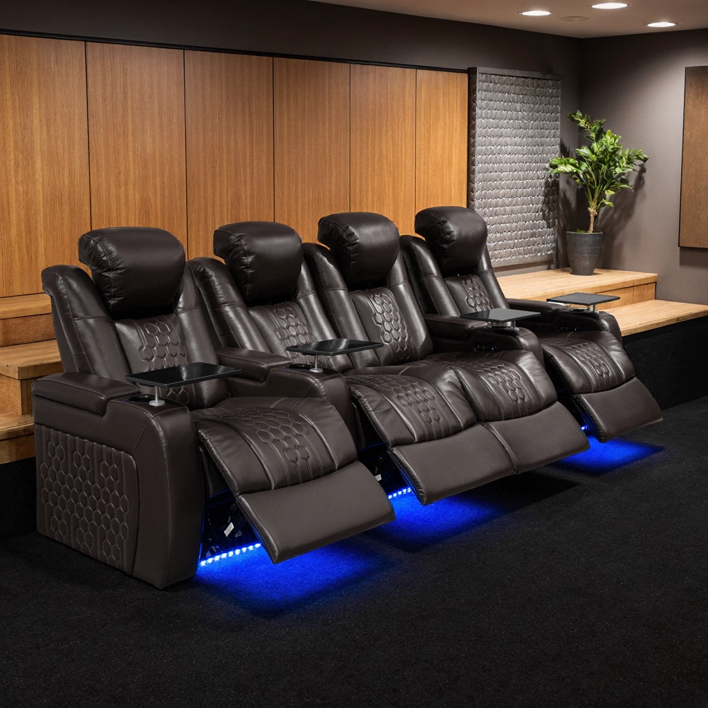 124.4″Power Recliner 4 PC Made WithTop-Grain Nappa,Fully Adjustable Relaxation,Smart Charging,Dynamic RGB LED Lighting,COFFEE