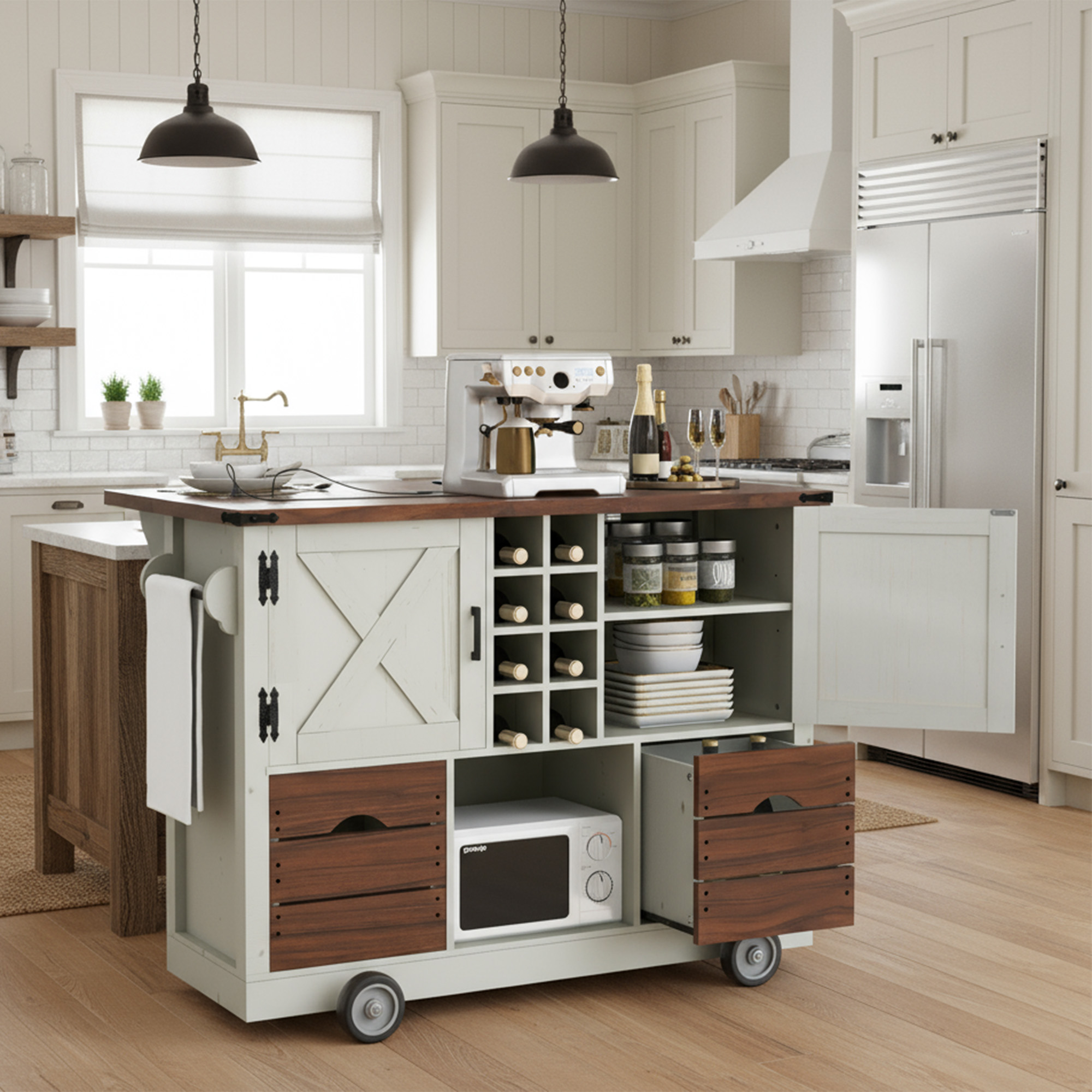 K&K 54″ Farmhouse Kitchen Island with Drop Leaf, Power Outlet, Kitchen Storage Cart with 2 Doors, 2 Drawers, Rolling Kitchen Island on 4 Large Wheels with Spice Rack for Kitchen, Dining Room, White