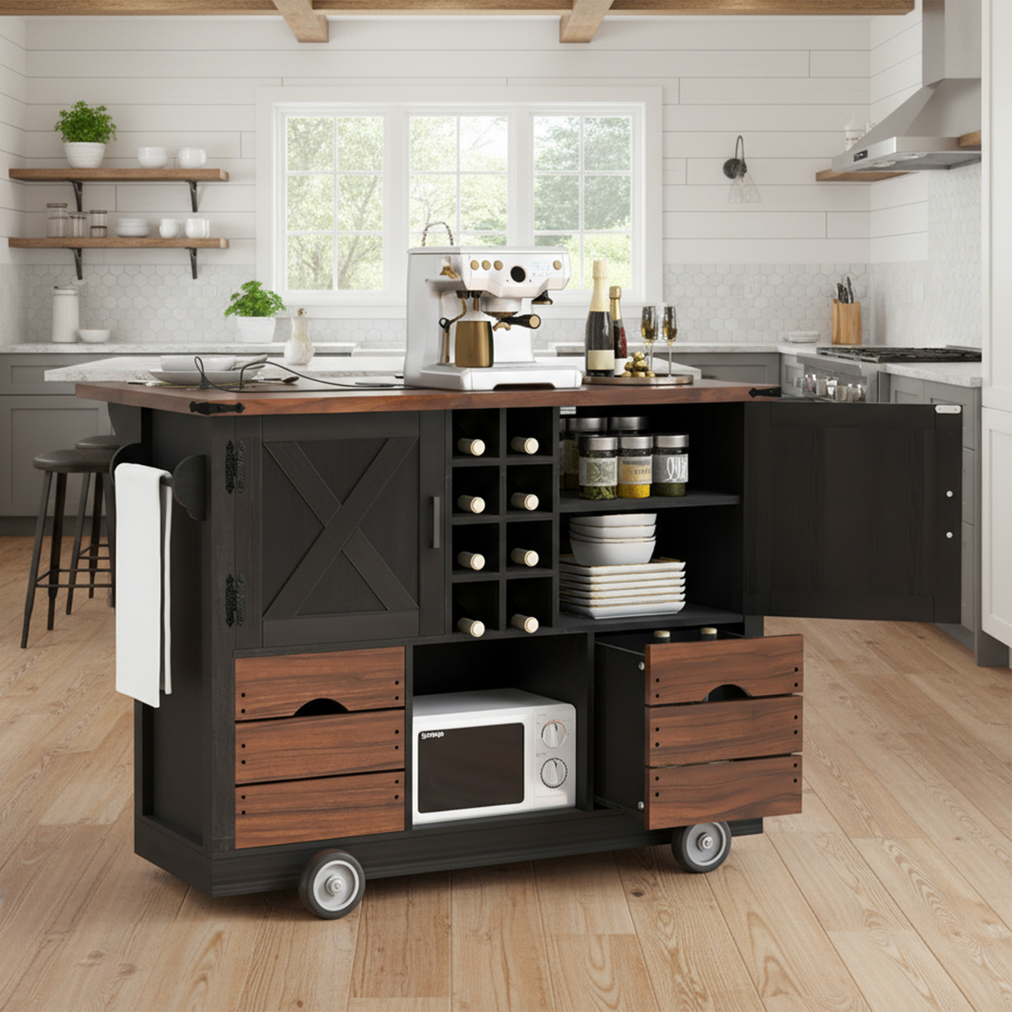 K&K 54″ Farmhouse Kitchen Island with Drop Leaf, Power Outlet, Kitchen Storage Cart with 2 Doors, 2 Drawers, Rolling Kitchen Island on 4 Large Wheels with Spice Rack for Kitchen, Dining Room, Black