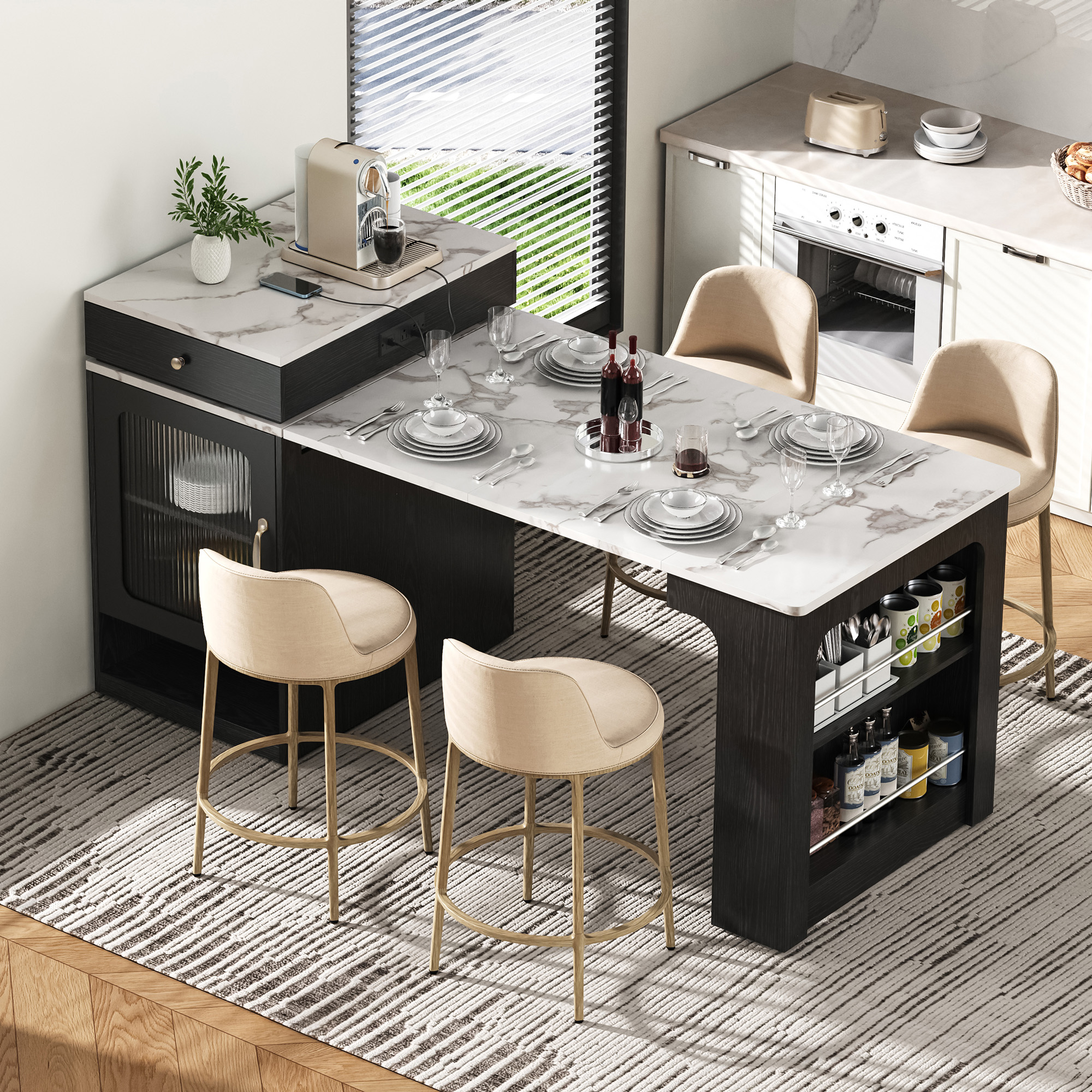 K&K 59.5″ Kitchen Island with Extendable Dining Table, Kitchen Storage Table with Double-sided Storage, Kitchen Island with 2 Drawers, Power Outlet, Side Open Shelves, for Kitchen, Dining Room, Black