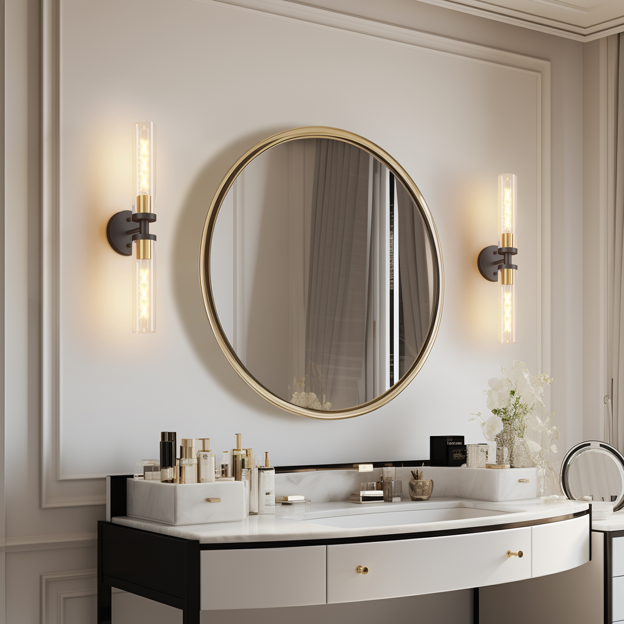 Wall Sconces Set of Two, Black and Gold Bathroom Sconces Wall Lighting with Clear Glass, Modern Sconces Wall Decor Set of 2 Wall Light fixtures for Bathroom Mirror Living Room Hallway Bedroom