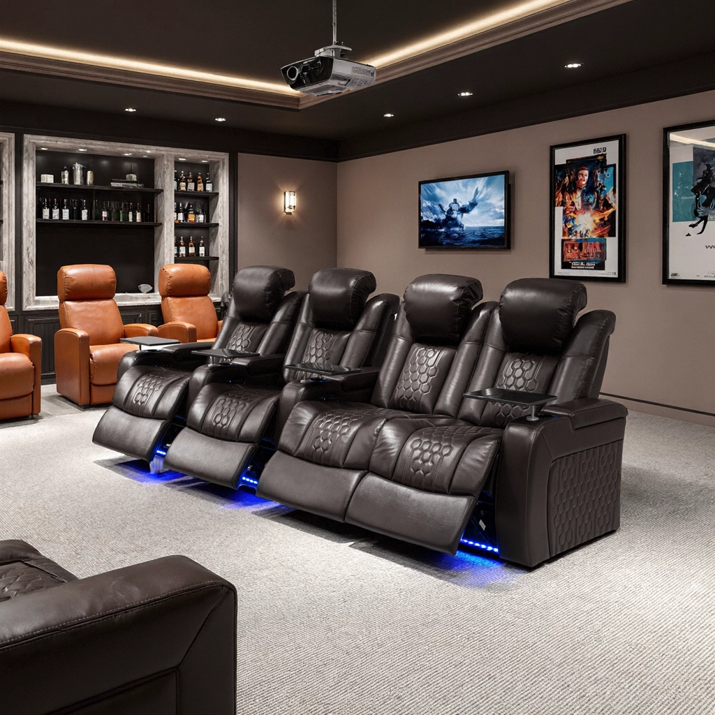 124.4″Power Recliner 4 PC Made WithTop-Grain Nappa,Fully Adjustable Relaxation,Smart Charging,Dynamic RGB LED Lighting,COFFEE