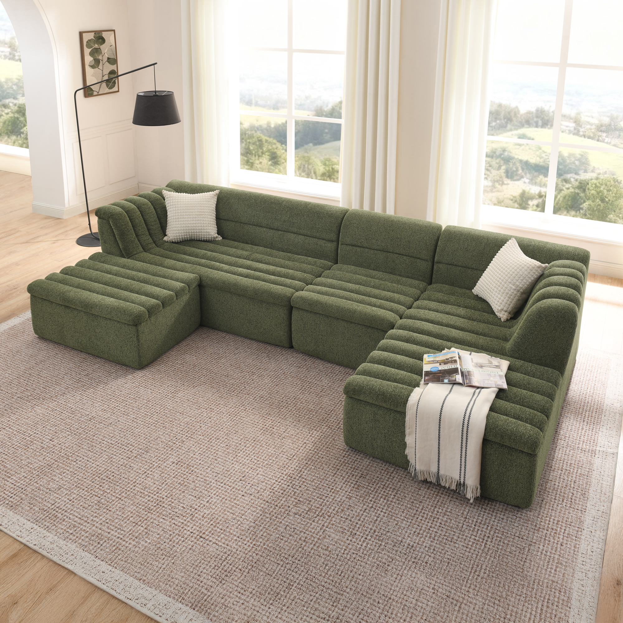 135″ U-Shaped Modular Sectional Sofa with Chaise and Movable Ottoman for Living Room, Chenille Upholstered Boneless Couches with Wave-Shaped Armrest, No Pillows Included
