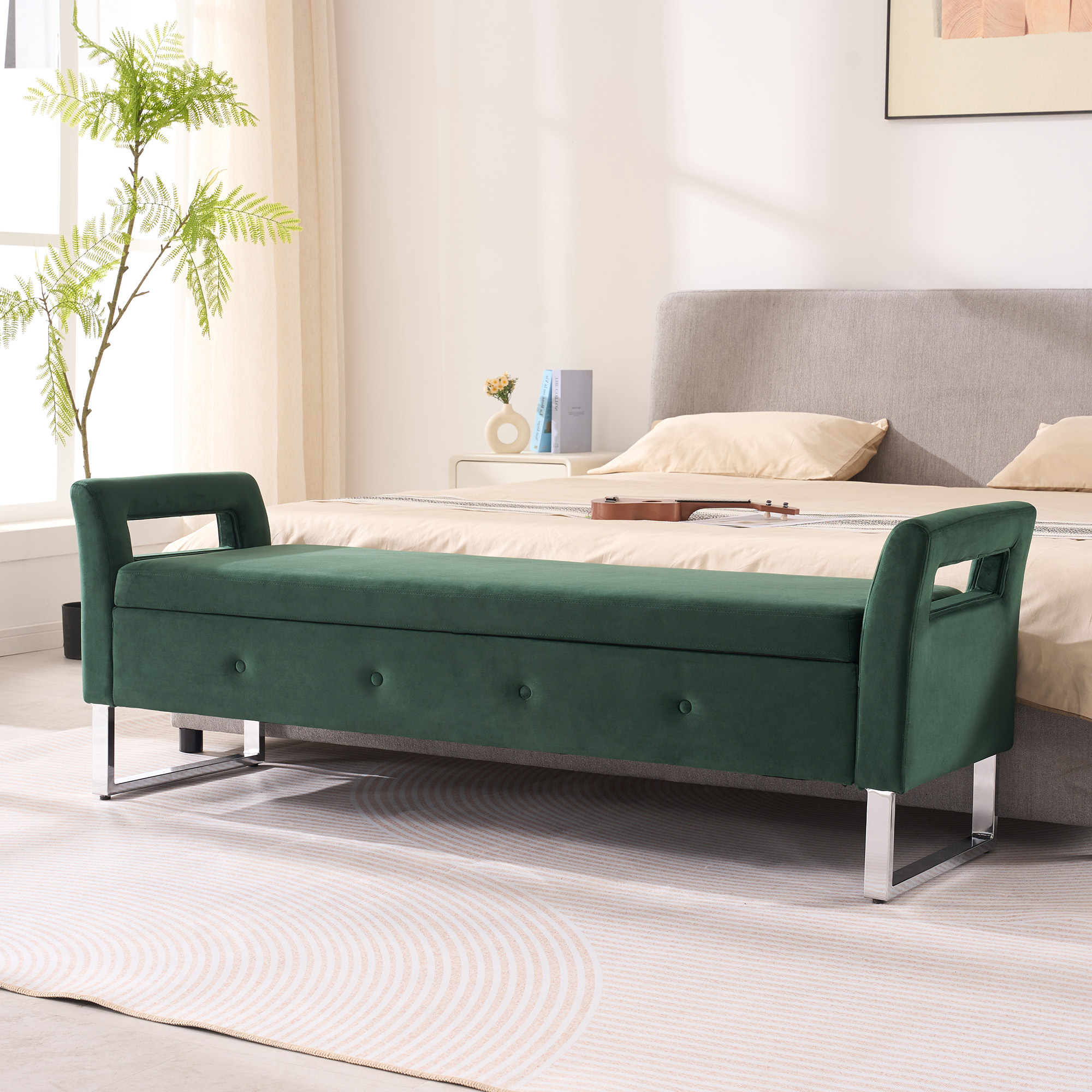 67.91″Wide Velvet Storage Soft Bench with Armrests for Living Room, Entryway and Bedroom. GREEN