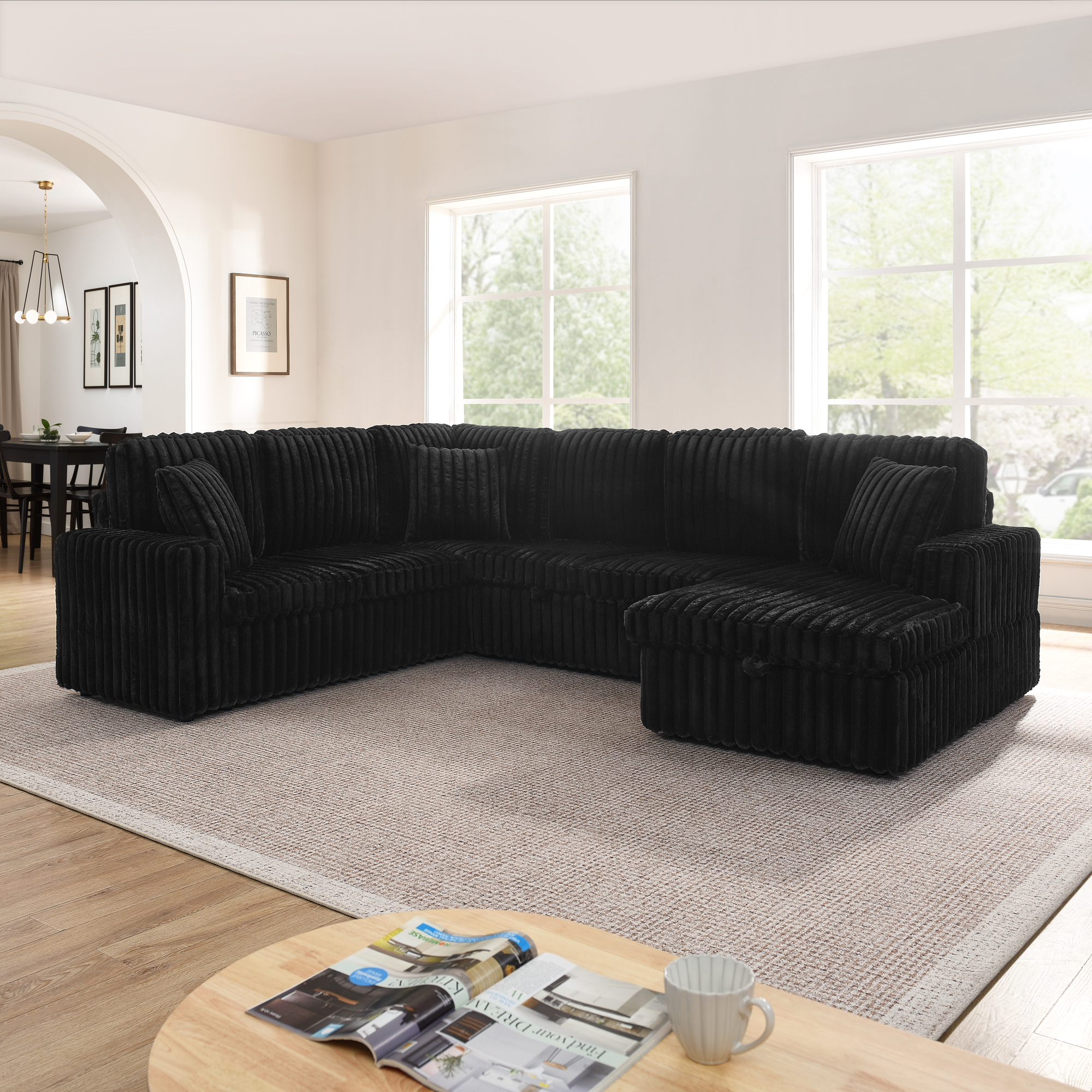Corduroy Striped Upholstered Sofa, Modern Minimalist U-shaped combination sofa, Pull – out Bed & Storage Chaise, Seat Soft Couch – Black (Assembly is required)