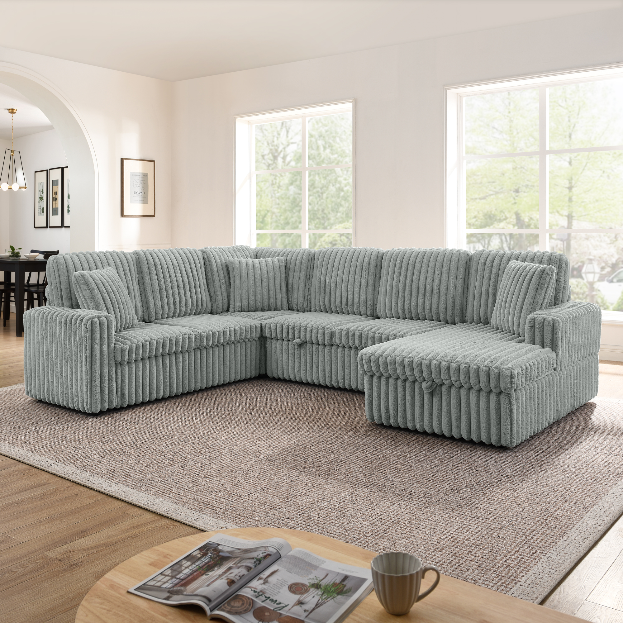 Corduroy Striped Upholstered Sofa, Modern Minimalist U-shaped combination sofa, Pull – out Bed & Storage Chaise, Seat Soft Couch – Grey (Assembly is required)