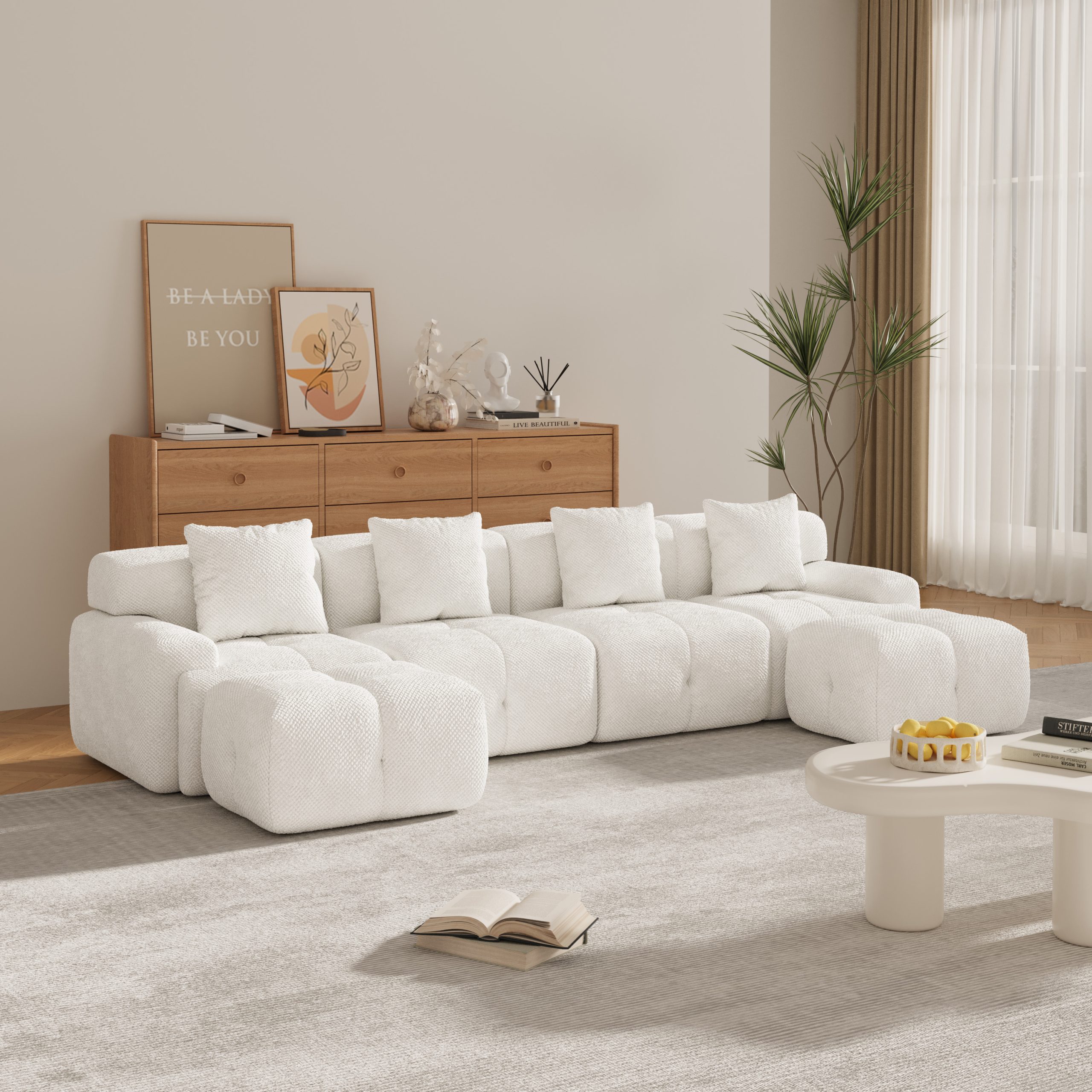 135.4″ 6-Piece U-Shaped Sleeper Modular Sectional Sofa Bed Chaise, Oversized 4-Seater Boneless Convertible Block Cloud Tufted Floor Corner Couch Set with 2 Ottomans & 4 Pillows for Living Room, Ivory