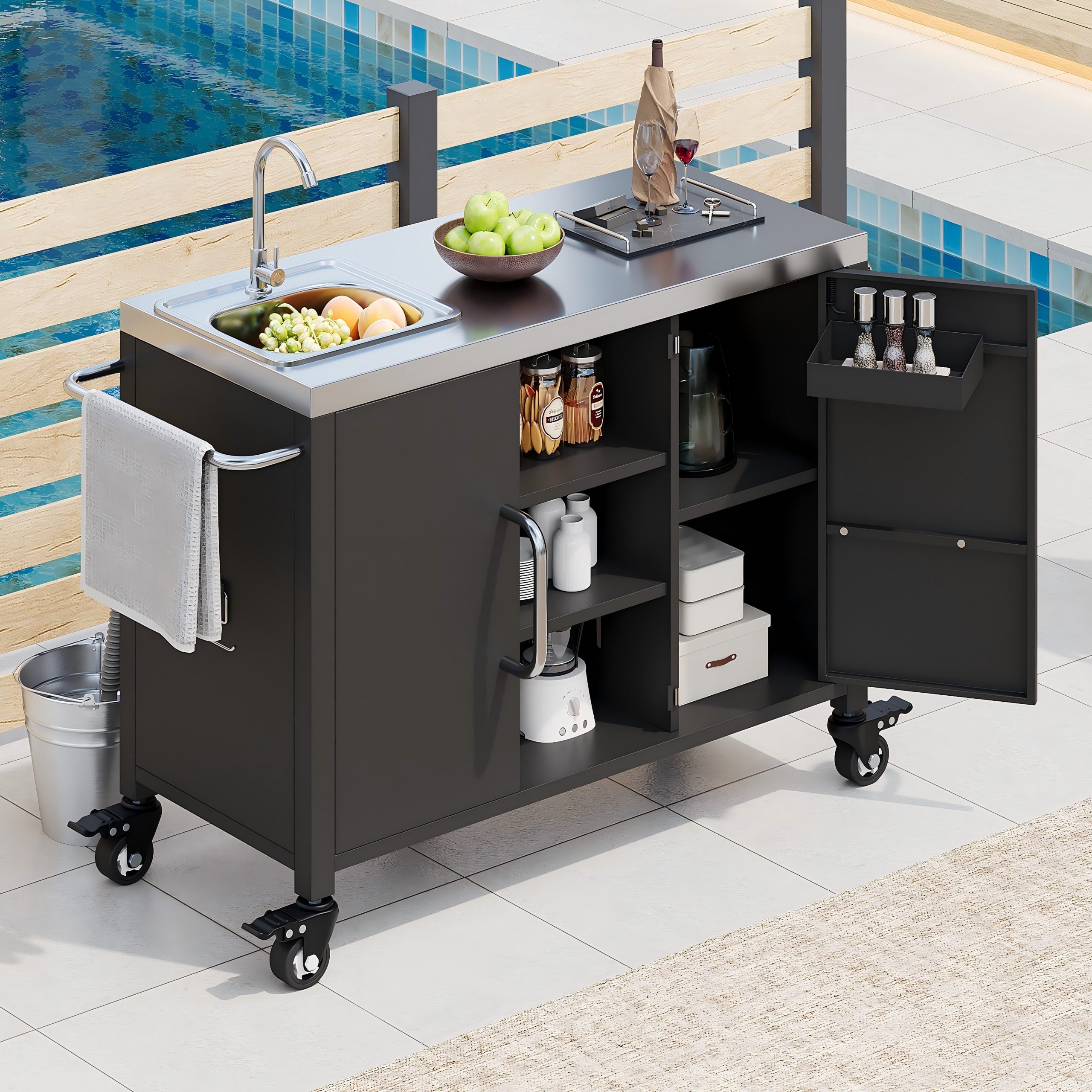 K&K 55.5″ Outdoor Kitchen Island with Sink, Metal Grill Cart Table with 304 Stainless Steel Sink, Outdoor Bar Cart Sink Station with 4 Lockable Wheels for Pizza Prep & BBQ, L 55.5″ x W 20″ H 36.7″