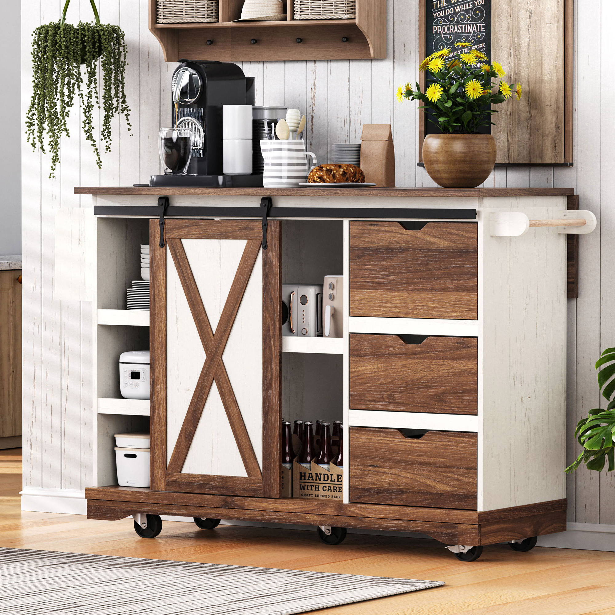 K&K 55.5″ Farmhouse Kitchen Island with Drop Leaf, Kitchen Storage Island with Barn Door, Power Outlet, Rolling Kitchen Cart on Wheels with Spice Rack, for Home, Kitchen, Dining Room, White