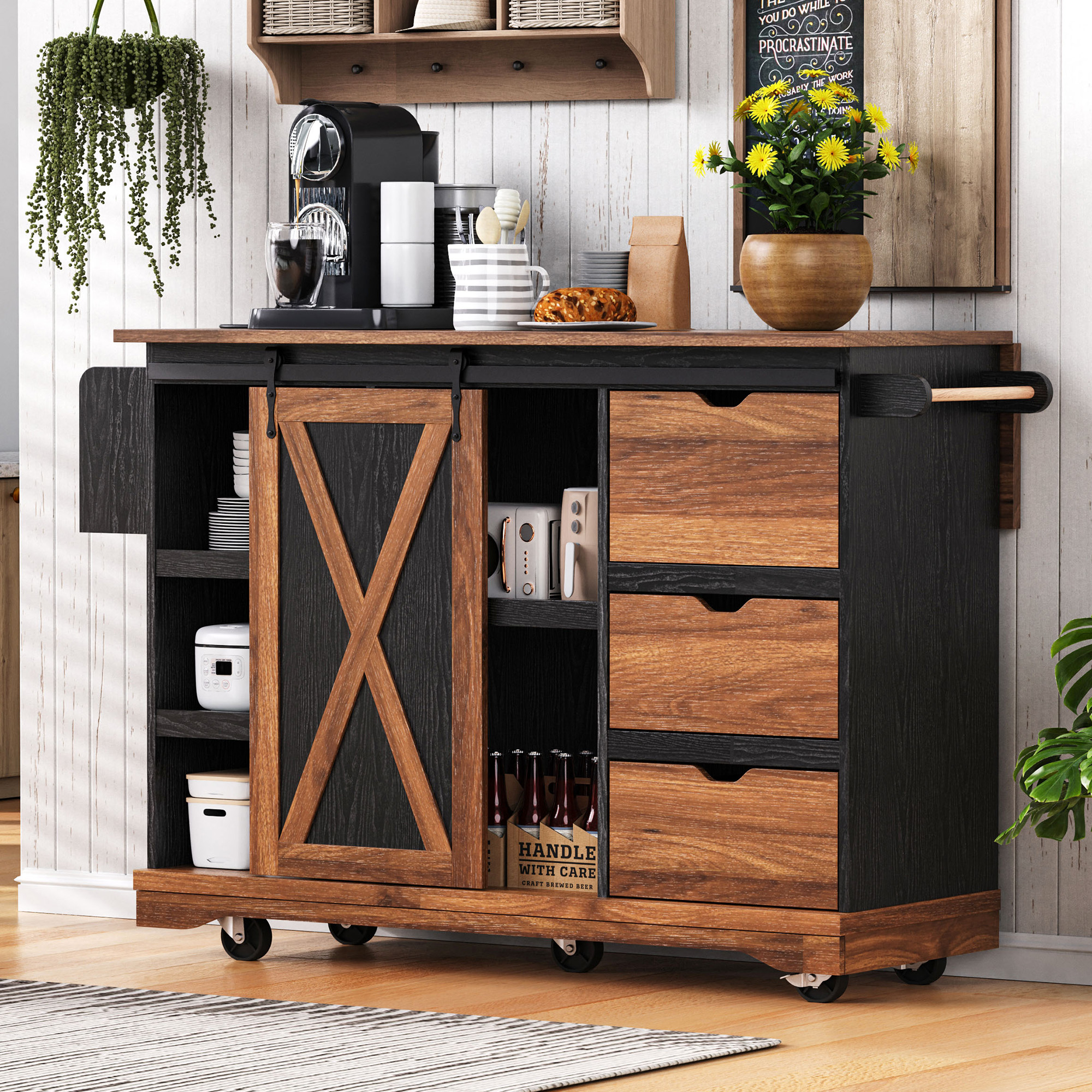 K&K 55.5″ Farmhouse Kitchen Island with Drop Leaf, Kitchen Storage Island with Barn Door, Power Outlet, Rolling Kitchen Cart on Wheels with Spice Rack, for Home, Kitchen, Dining Room, Black