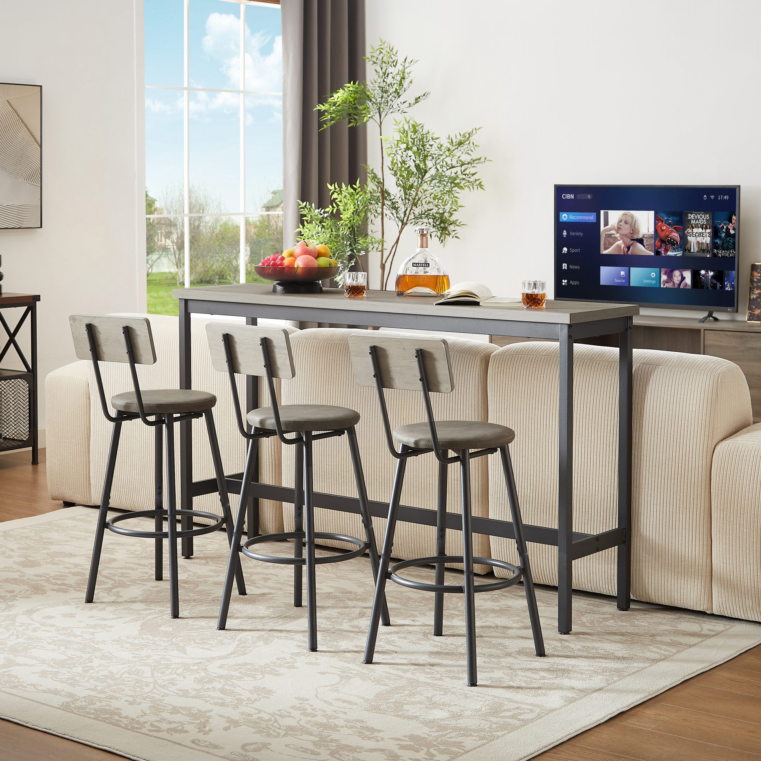 Long Bar Table Set with 3 PU Upholstered Bar Stools, Industrial Bar Table and Chairs for Kitchen Breakfast Table, Living Room, Banquet Hall, Rustic Gray and Black, 63″L x15.7″W x 37.5″H