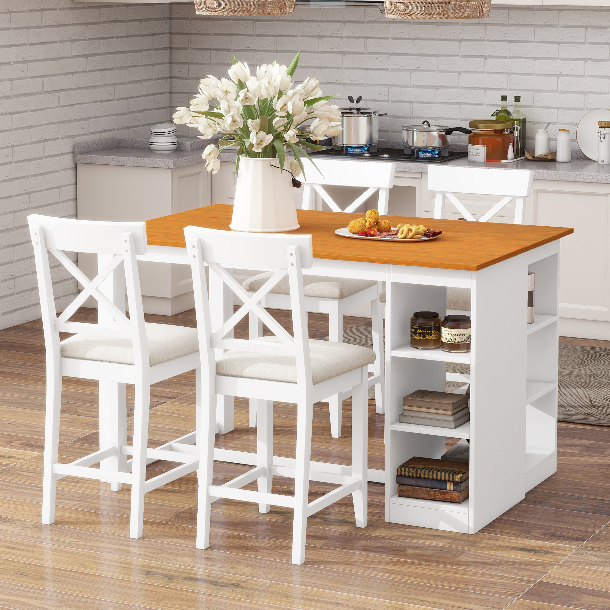 TOPMAX 60″Lx30″W Solid Wood Farmhouse Counter Height Dining Table Set with 3-Tier Storage Shelves, Upholstered Dining Chairs for 4, 5-Piece, White