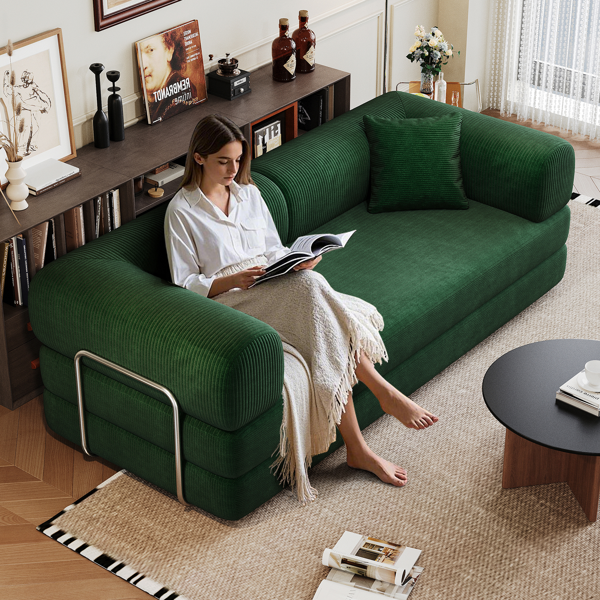 78.8″ Compression Sofa,Convertible Floor Sofa Bed-with Pillow Back Support Armrest,Comfy Futon Couch Sleeper Bed,Loveseats Boneless Modular Sectional Sofa,Corduroy fabric,for Living Room,Bedroom,Green