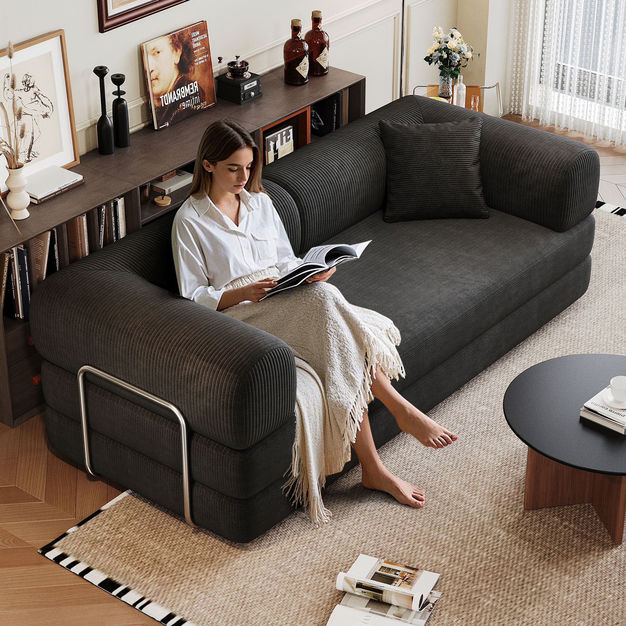 78.8″ Compression Sofa,Convertible Floor Sofa Bed-with Pillow Back Support Armrest,Comfy Futon Couch Sleeper Bed,Loveseats Boneless Modular Sectional Sofa,Corduroy fabric,for Living Room,Bedroom,Black