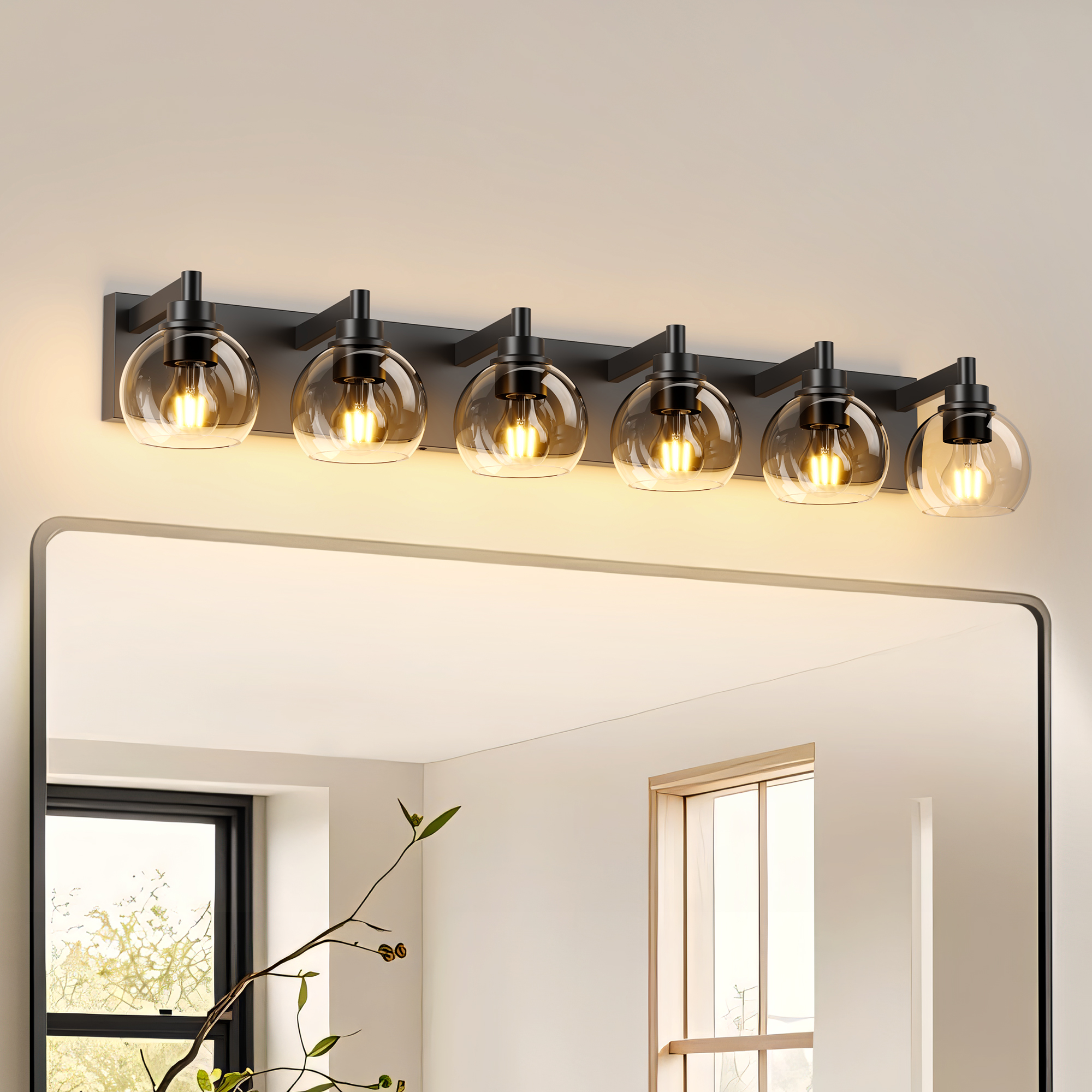 Farmhouse Bathroom Vanity Light Fixtures, 6-Light Bathroom Light Fixtures Over Mirror, Rustic Sconces Wall Lighting with Glass Shade for Living Room, Bedroom, Hallway