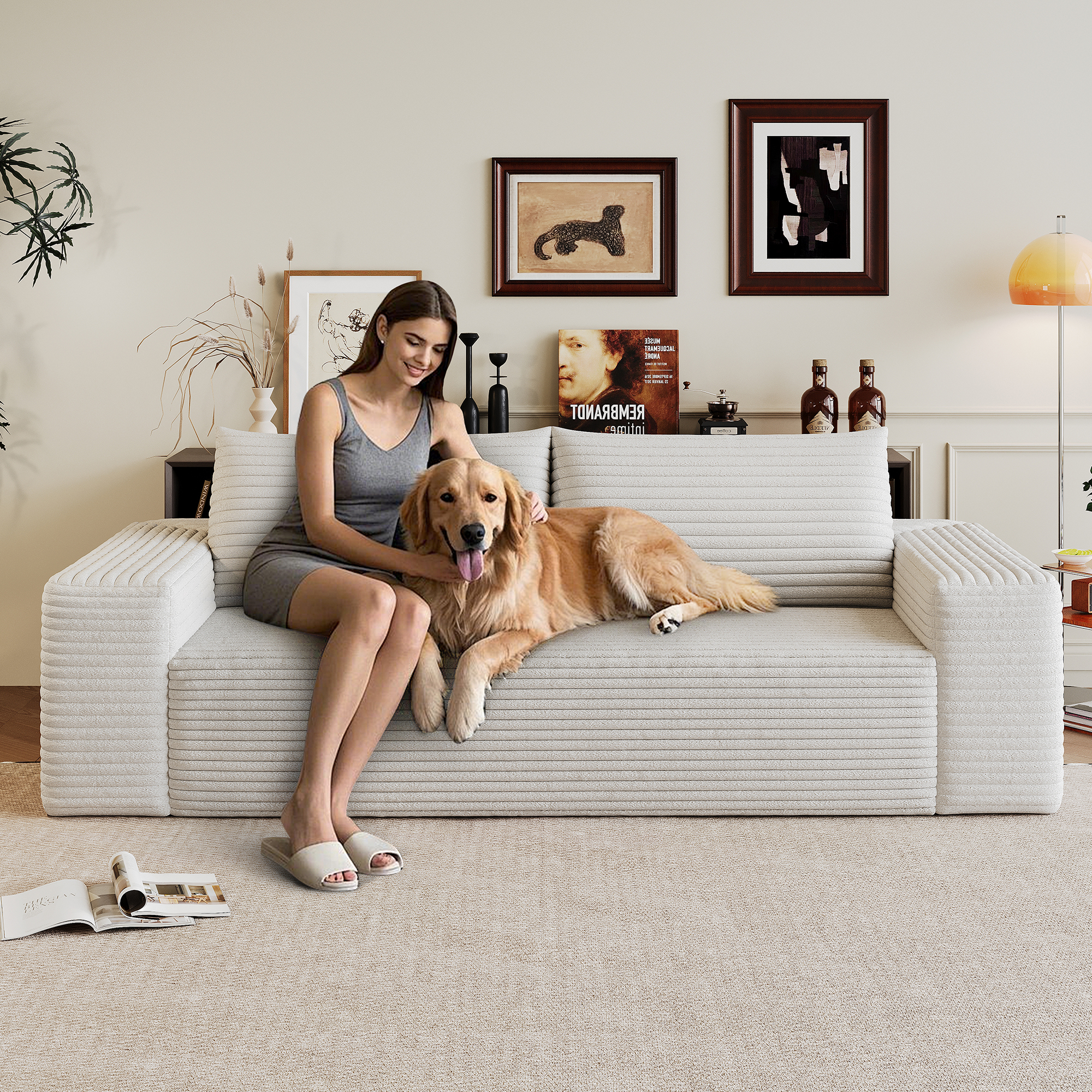 71″ 3Setaser Sofa,Corduroy Fabric,Deep Seat Couches,Comfy Loveseat Sofa,No Assembly,1pcs for Living room, Bedroom,Conference room ,Apartment,White