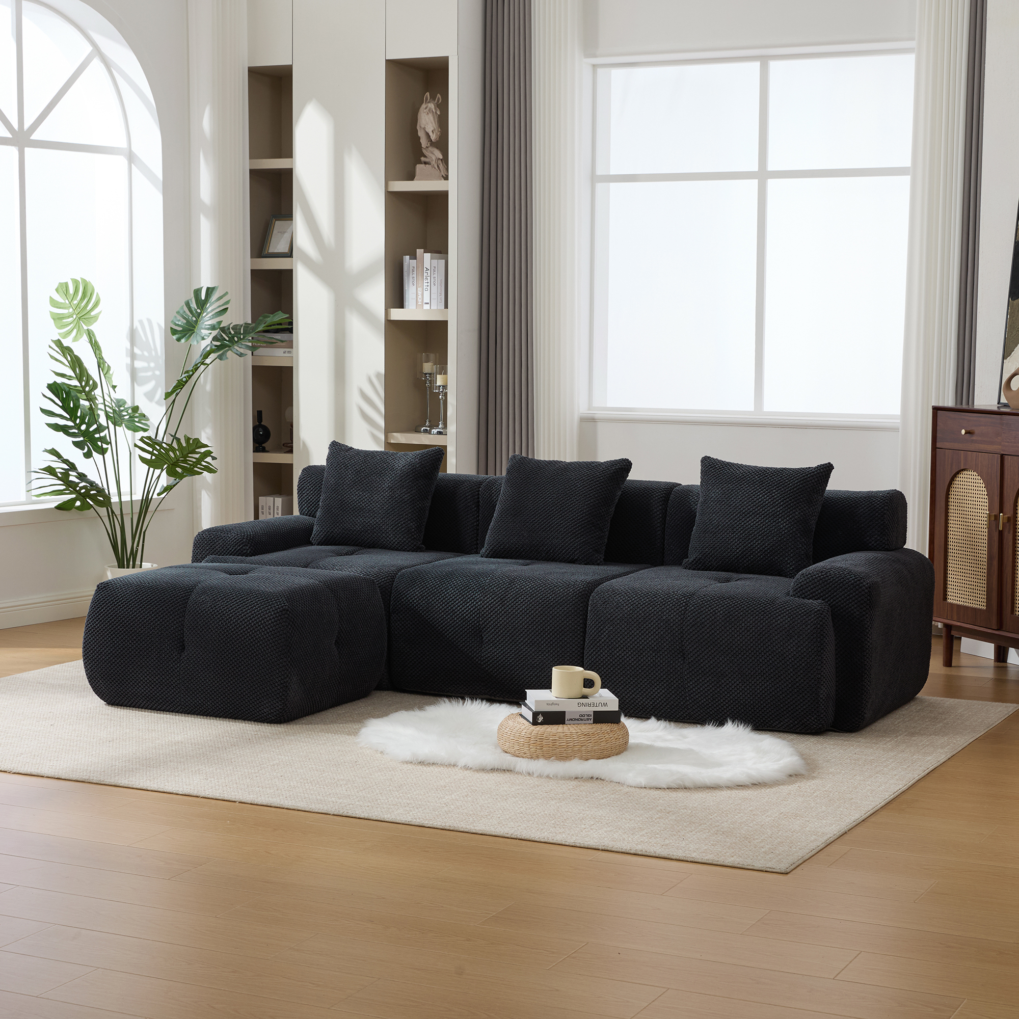 104.3″ 4-Piece L Shaped Upholstered Modular Sectional Sofa, Oversized 3-Seater Boneless Convertible Cloud Tufted Couch Set with Deep Seat & Movable Ottoman 3 Pillows for Living Room,No Assem, Charcoal
