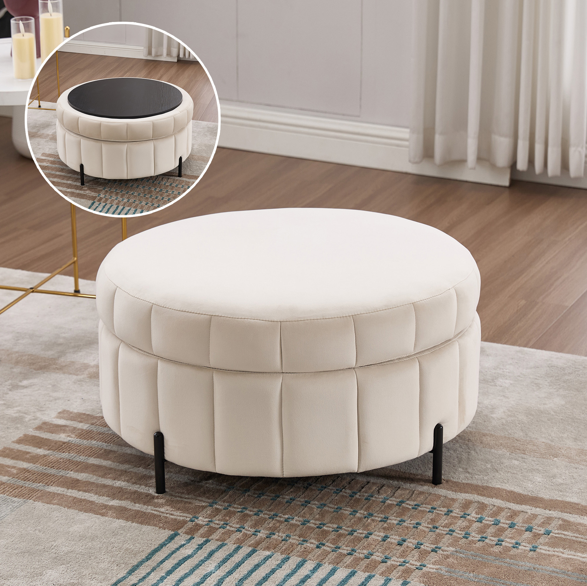 31.5″W Upholstered Round Ottoman With Reversible Lid, Velvet Storage Stool, Channel Tufted Pumpkin-shape Footstool for Living room, Bedroom and Office, Beige
