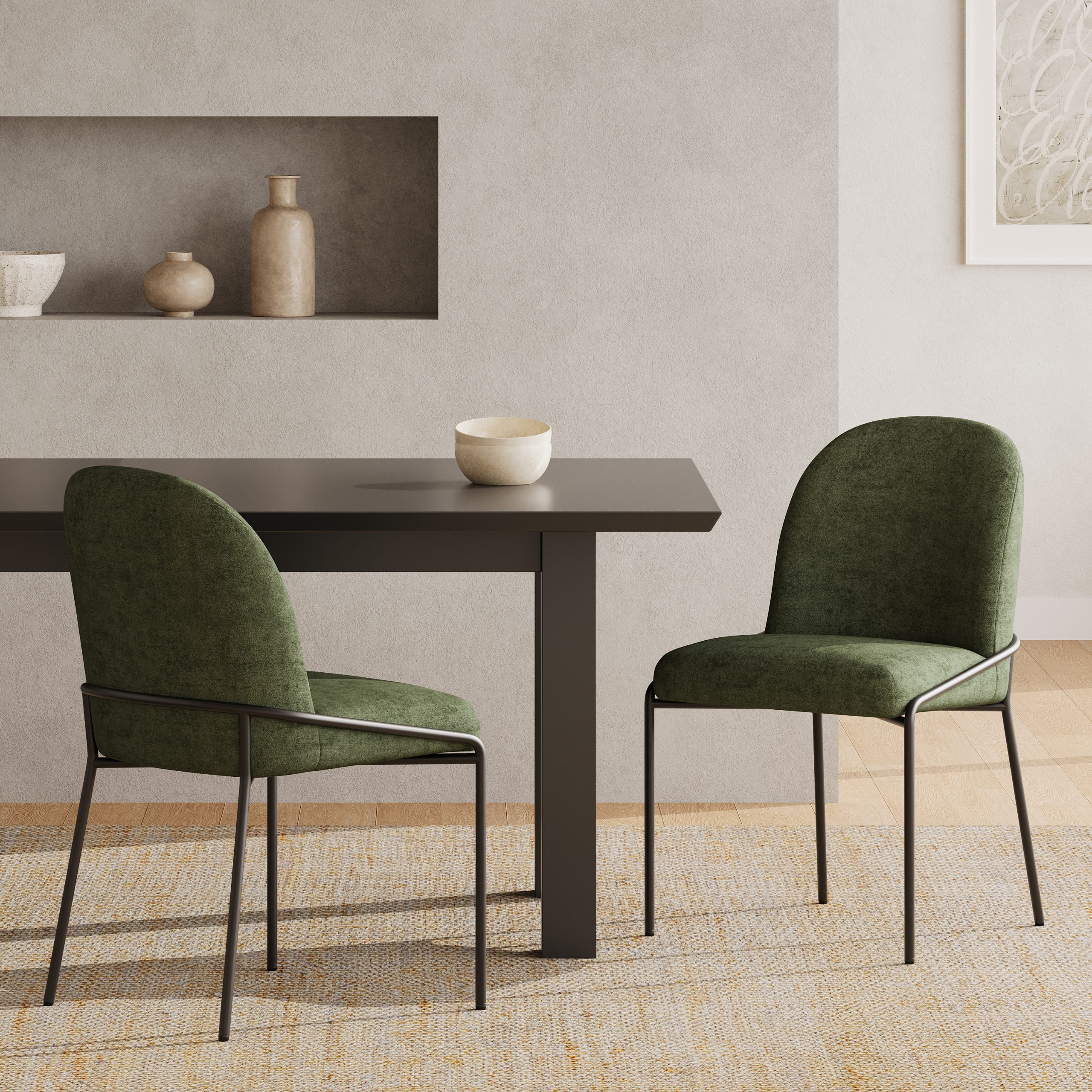 Modern Dining Chair with Soft Green Linen Textured Polyester Fabric, bronze color Iron Frame, Set of 2,Green