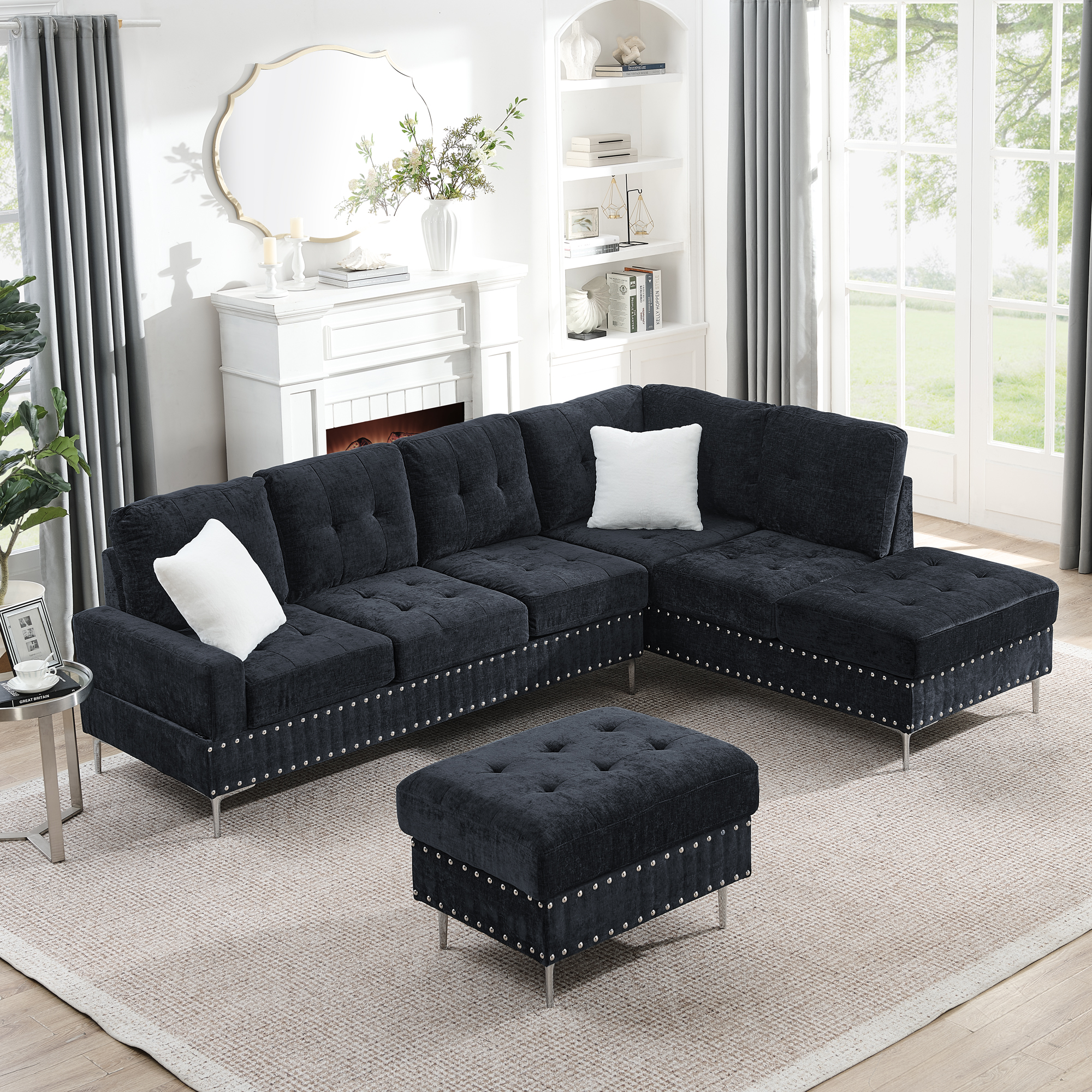 Sectional 3-Seaters Sofa with Chaise, Storage Ottoman, Metal Legs and Copper Nails,Two White Pillows ,Navy Bule(102″ x 76″ x35″)